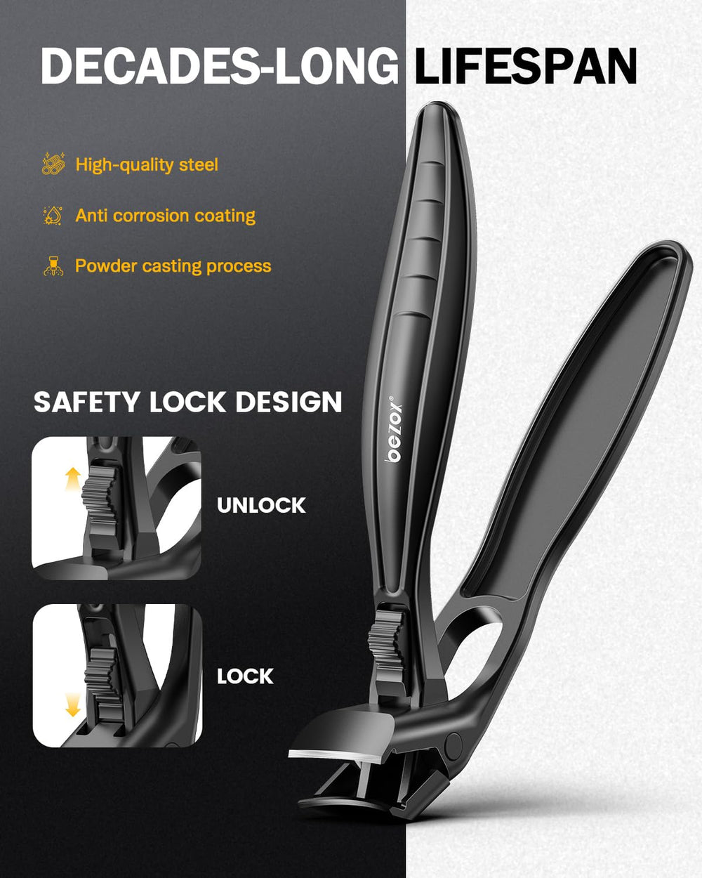 BEZOX size comparison with ruler showing 15mm jaw capacity for thick toenails