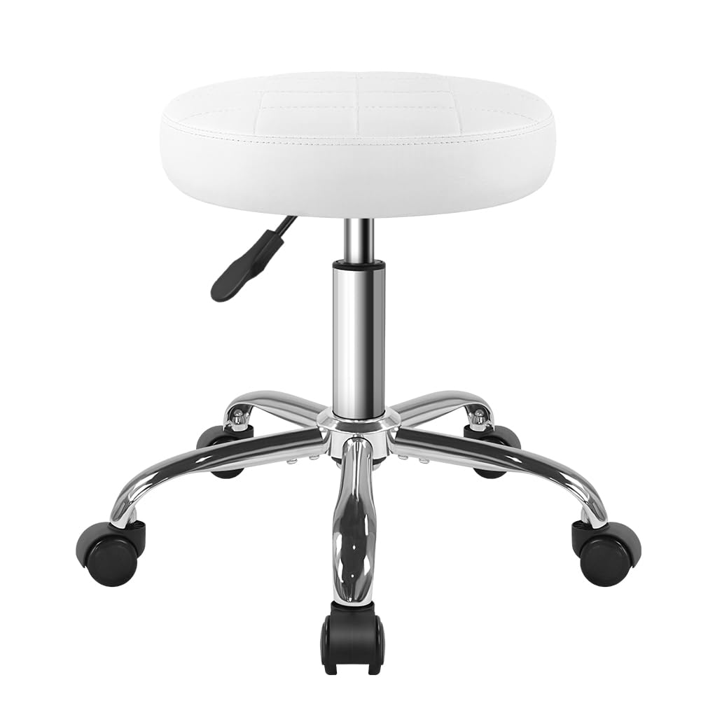 BFTOU front view of white swivel stool showing compact professional design and mobility