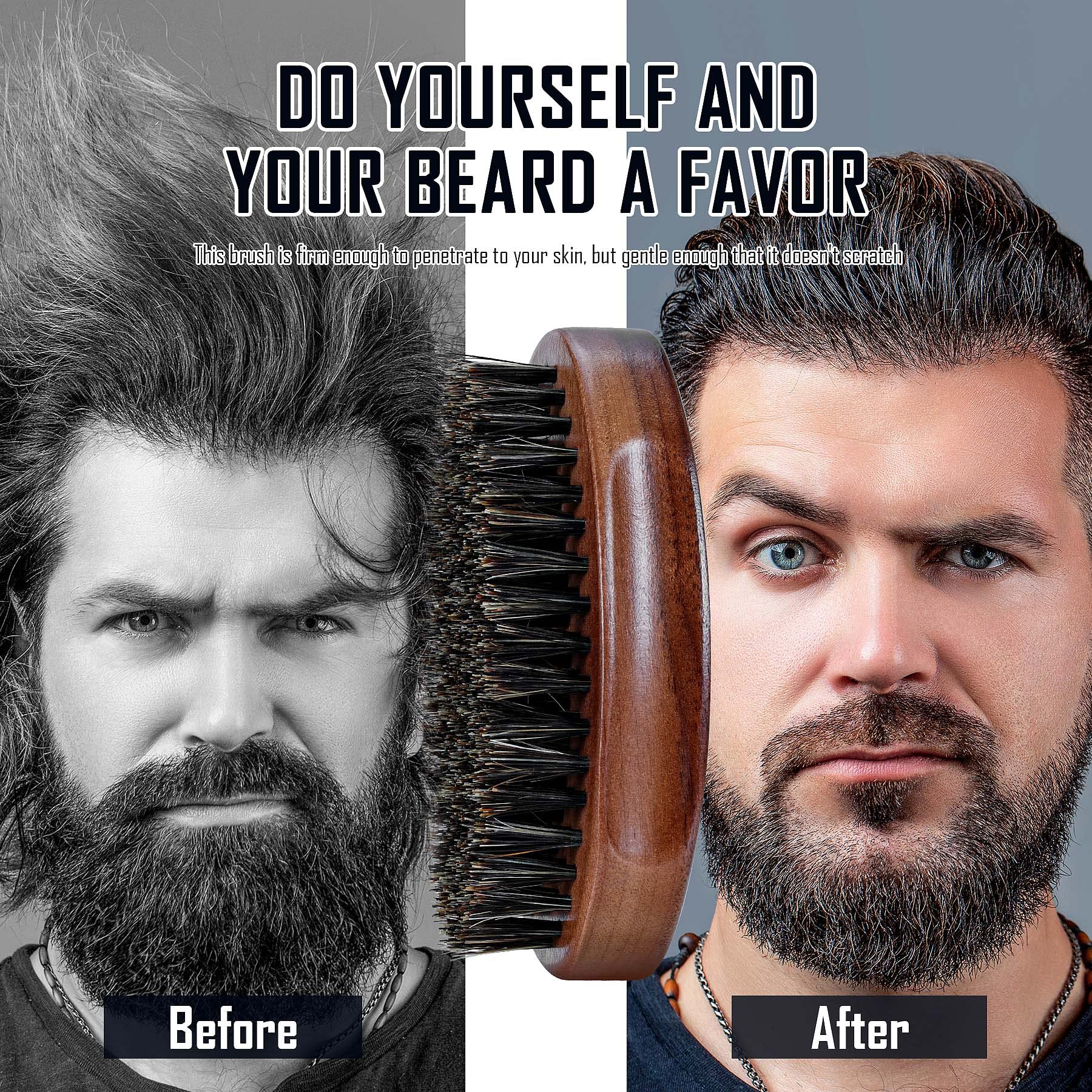 BFWood brush next to beard balm illustrating even balm distribution benefit