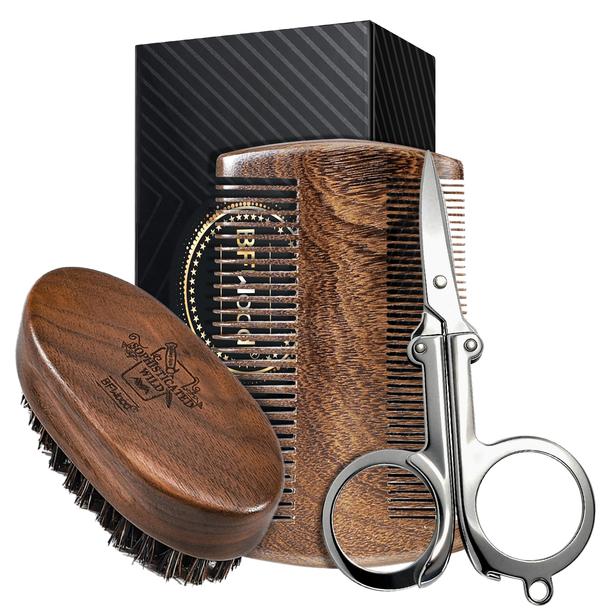 BFWood front packaging showing complete beard grooming kit and gift-ready presentation