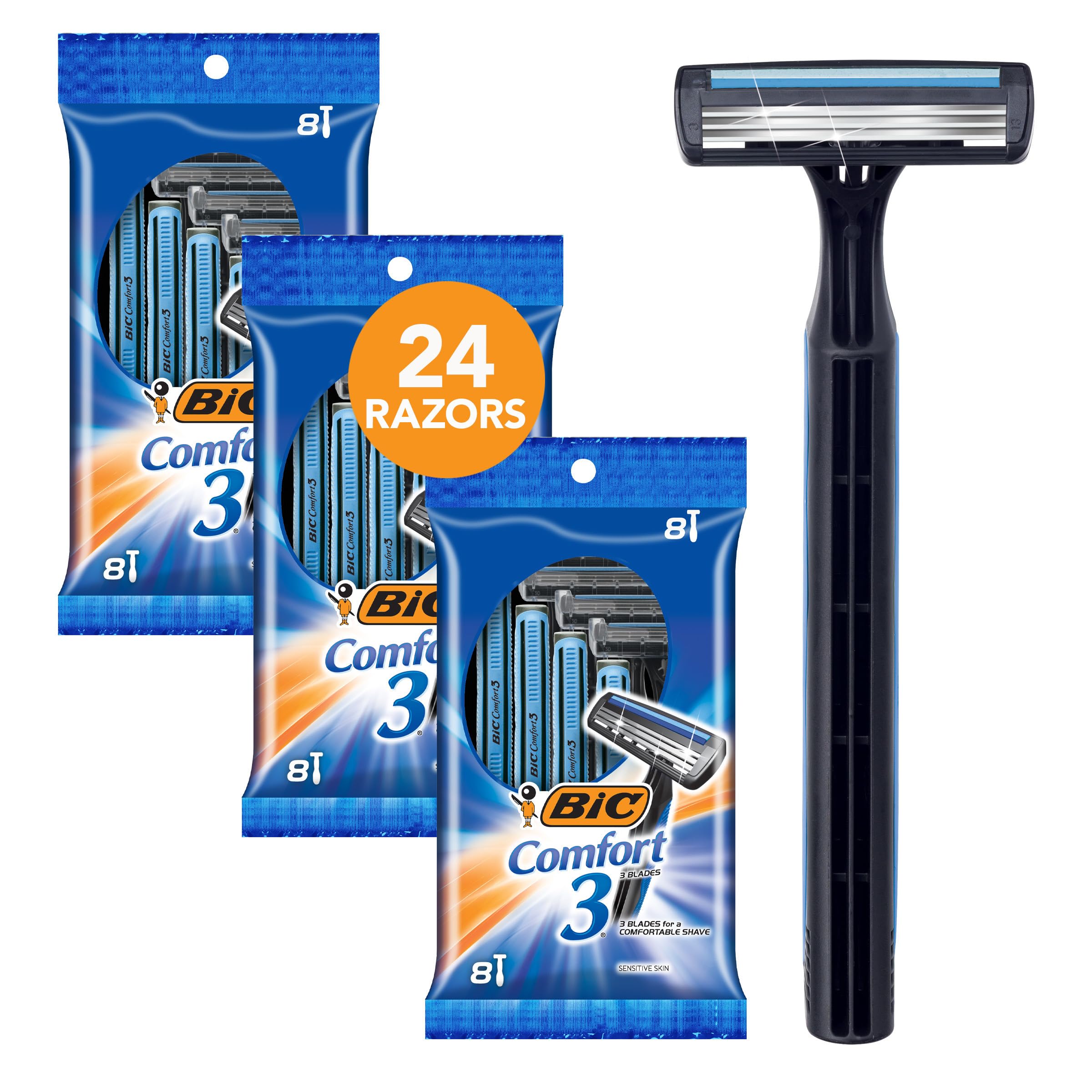 BIC Comfort 3 front pack showing 24-count and travel-ready value
