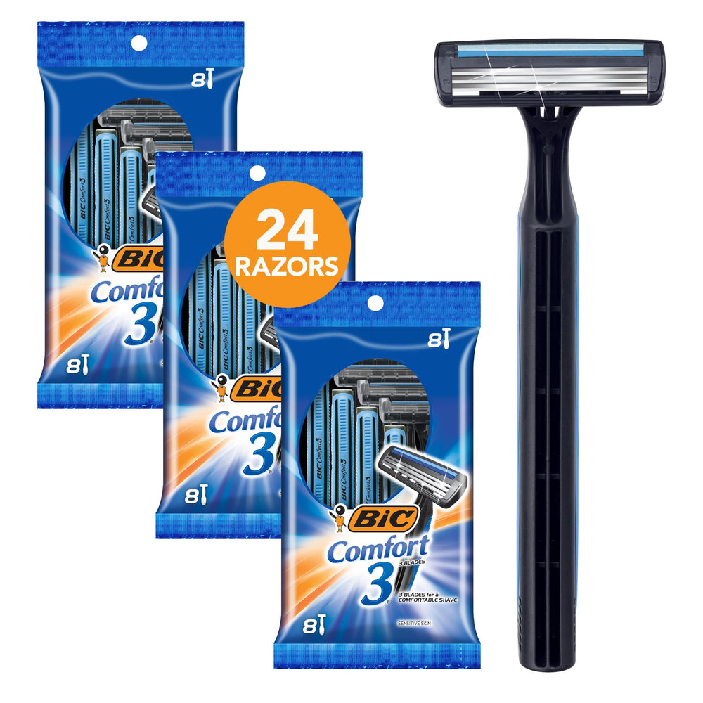 BIC Comfort 3 front pack showing 24-count and travel-ready value