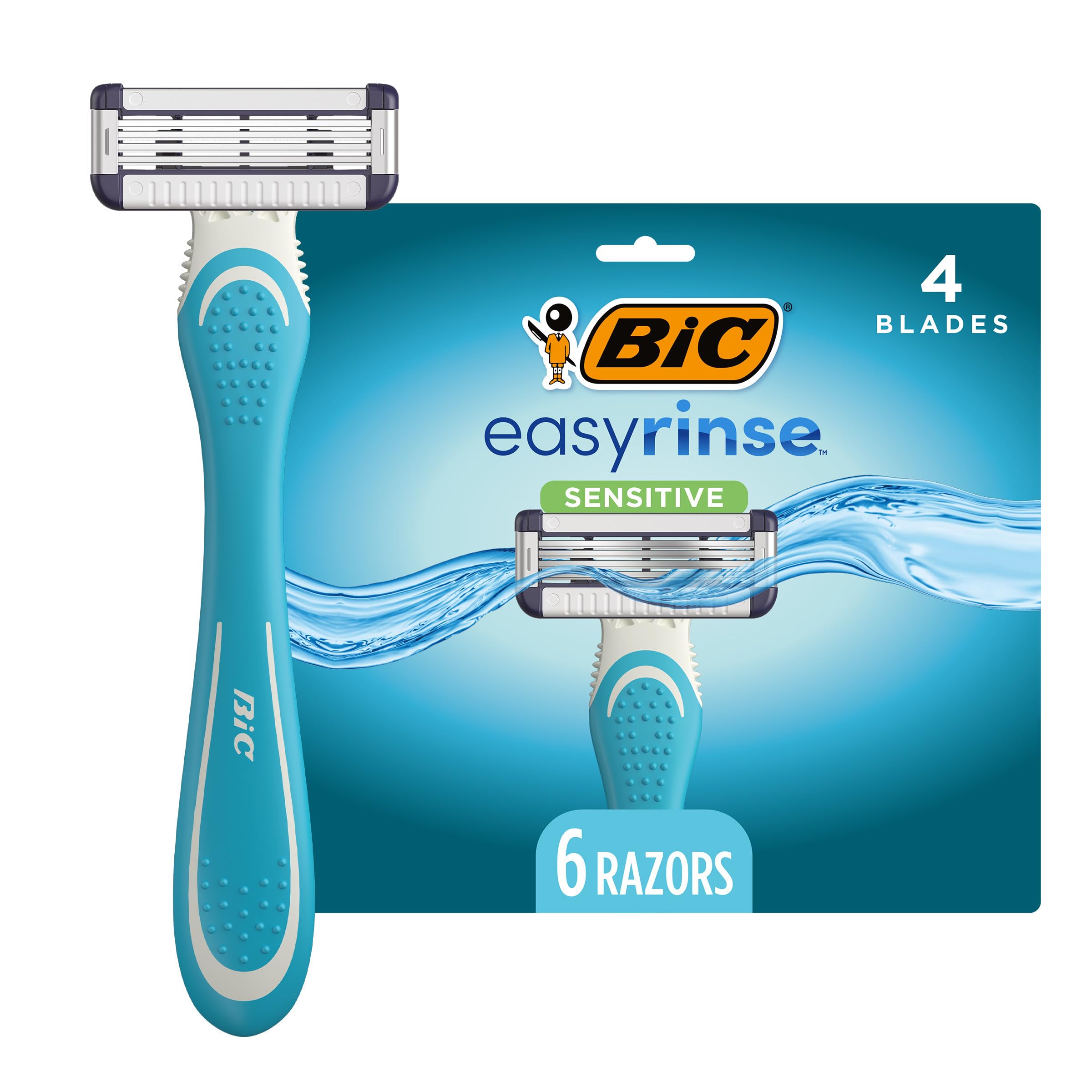 BIC pack front view showing six EasyRinse Sensitive razors and benefits