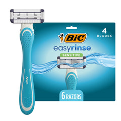 BIC pack front view showing six EasyRinse Sensitive razors and benefits