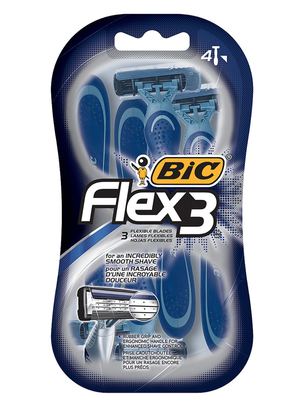BIC Flex 3 close-up of three flexible blades and lubricating strip for smoother glide