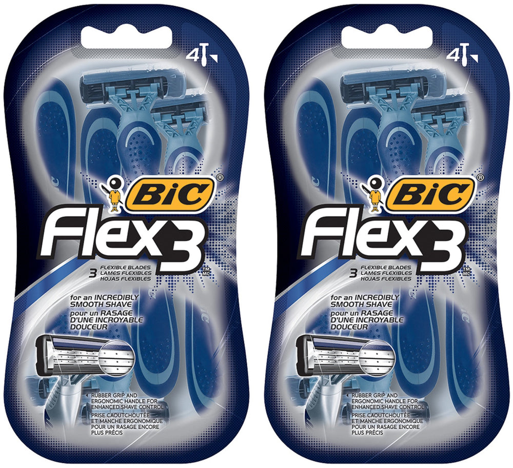 BIC Flex 3 front packaging showing four disposable razors and benefits