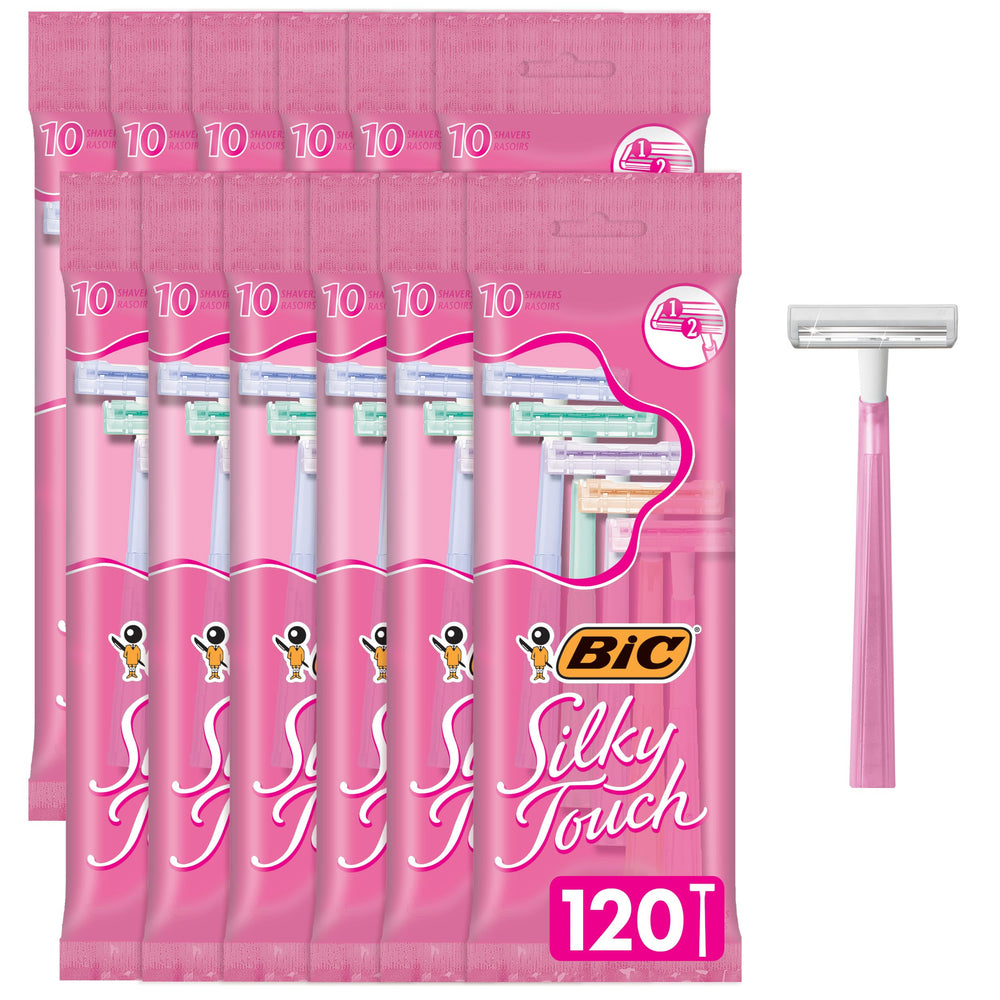 BIC Silky Touch front packaging showing 10-count value pack and pastel handles benefit convenience