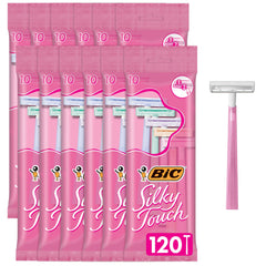 BIC Silky Touch front packaging showing 10-count value pack and pastel handles benefit convenience