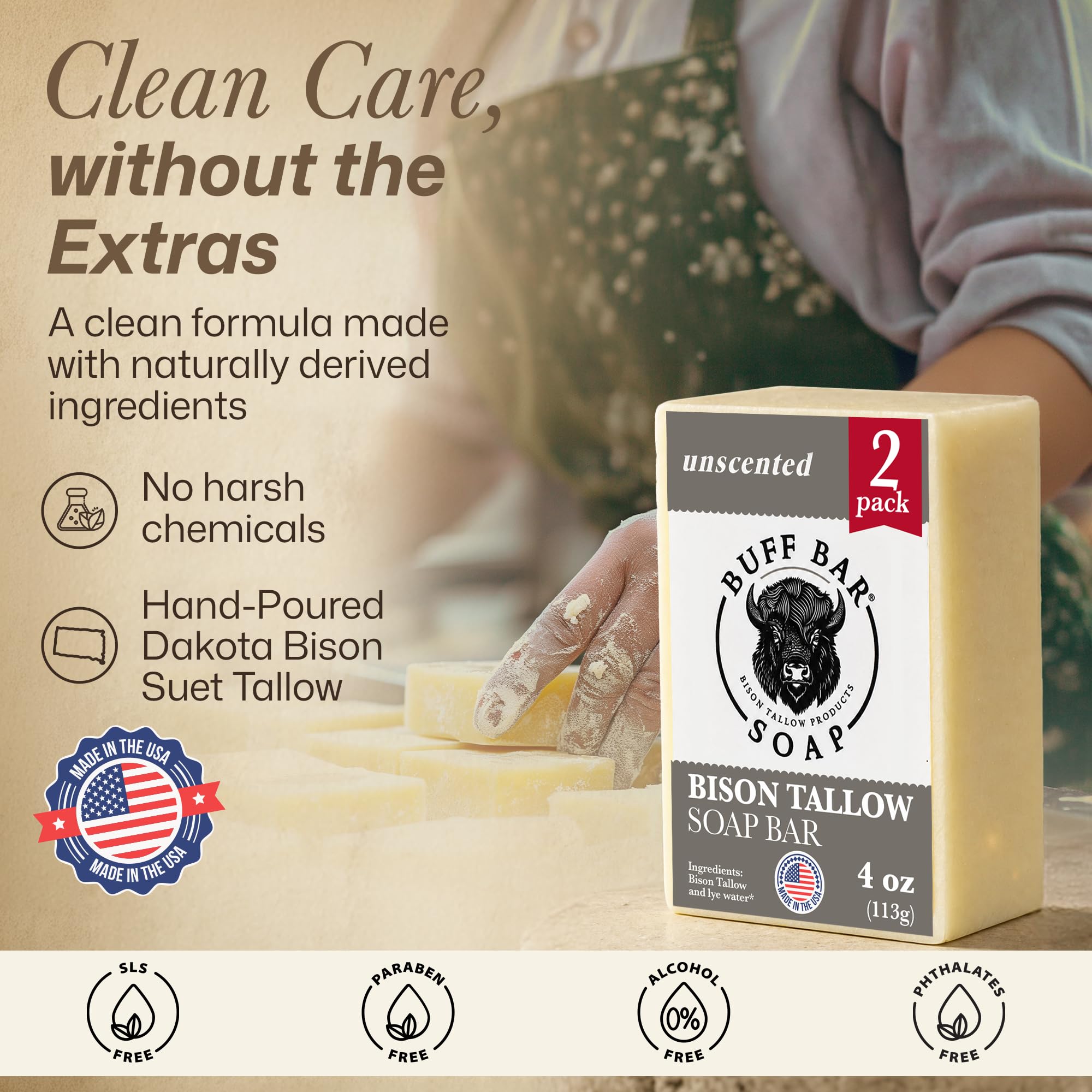 Big Crazy Buffalo buff bar lather on hand demonstrating gentle cleanse