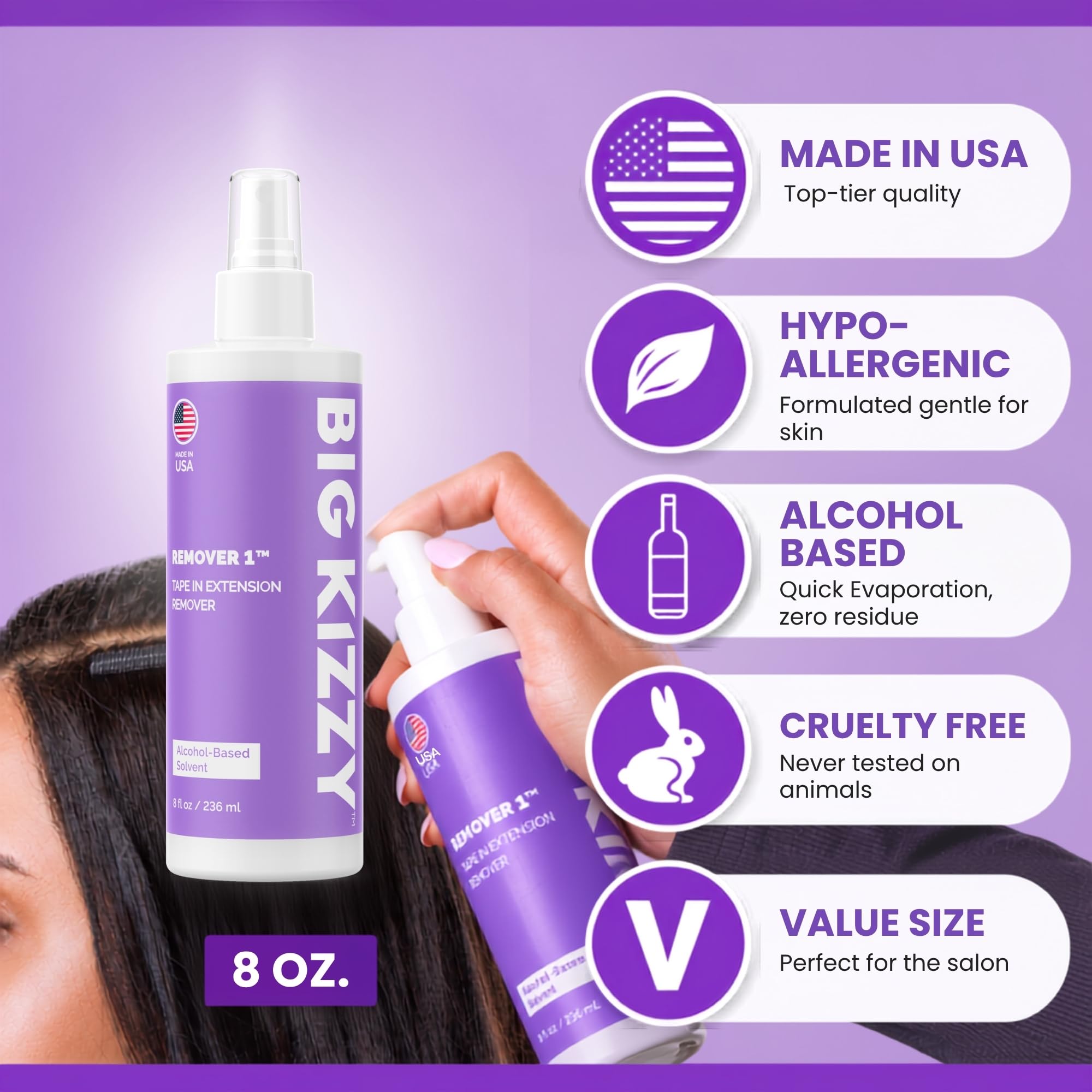 Big Kizzy 8oz bottle held next to a hand showing compact professional size