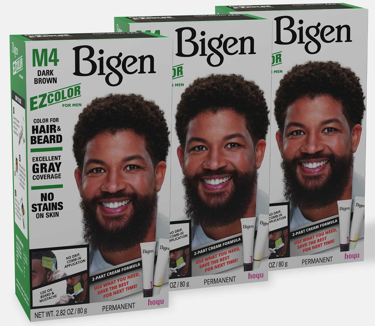 Bigen front packaging showing three M4 Dark Brown sachets and benefits