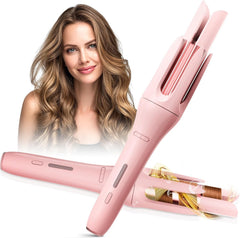 BILITOK auto curler front view showing light pink design and ergonomic handle for easy styling