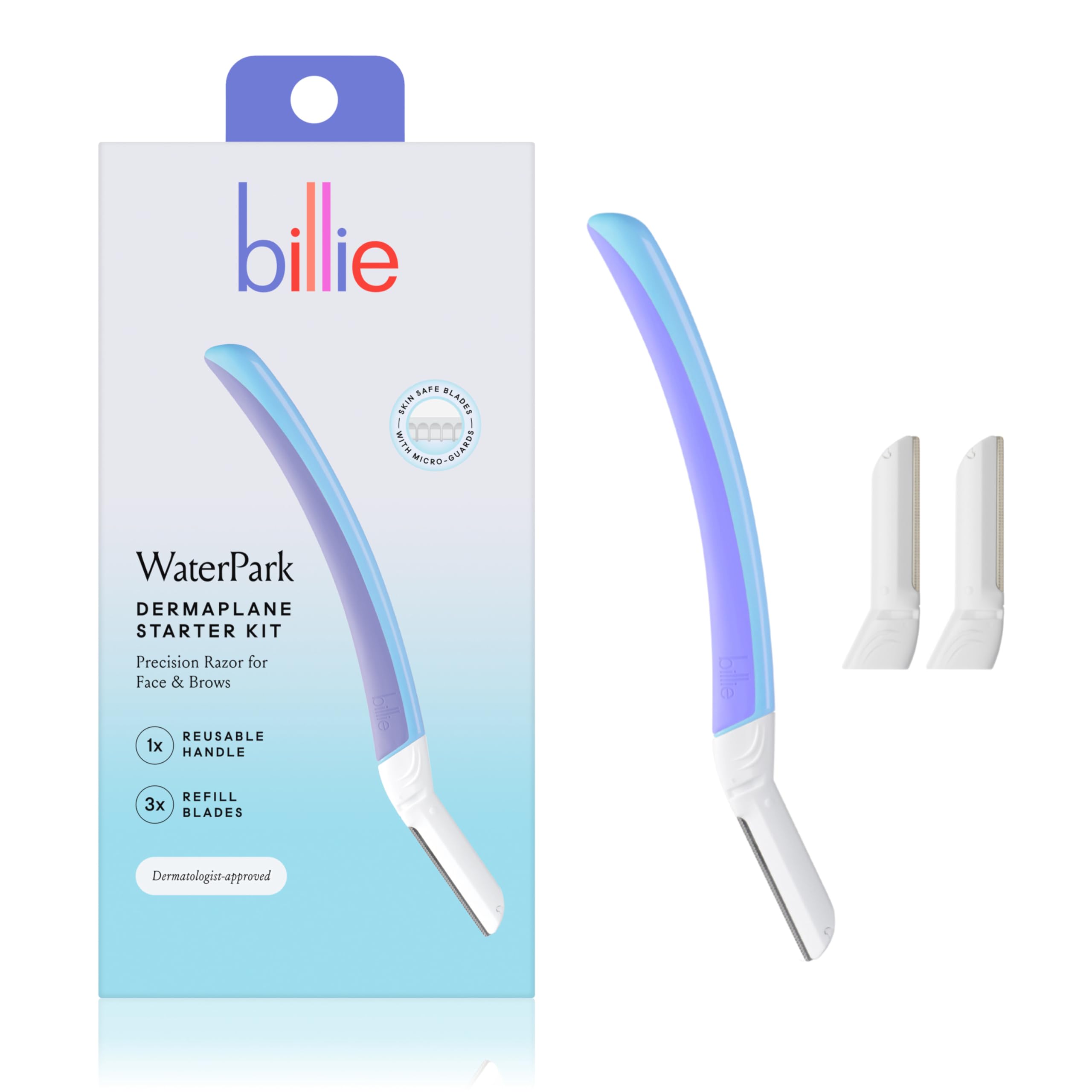 Billie face razor front packaging showing kit contents and benefits