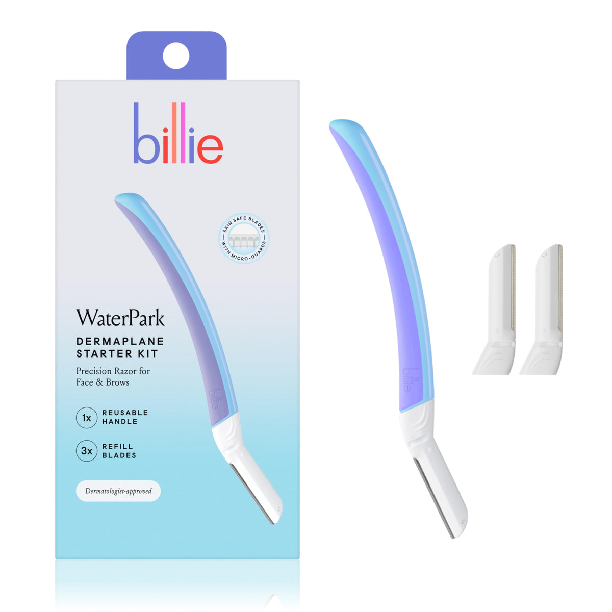 Billie face razor front packaging showing kit contents and benefits