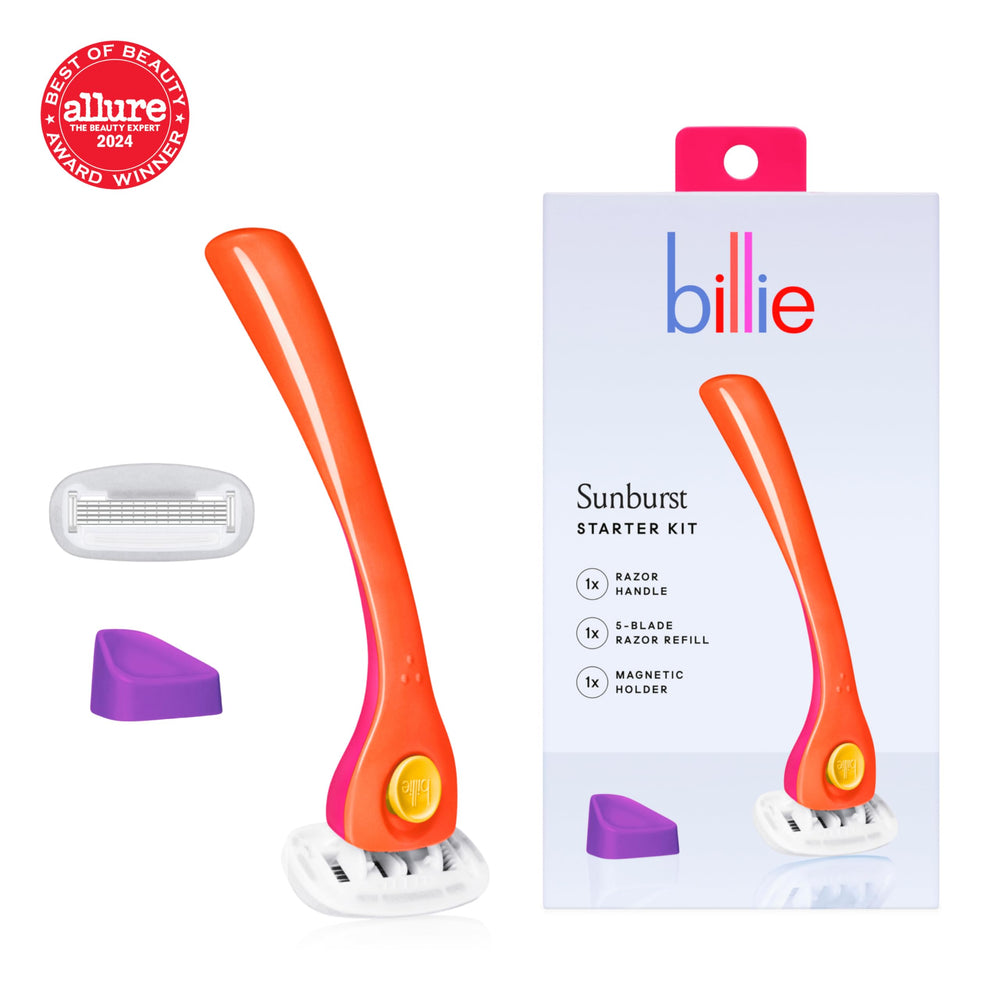 Billie five-blade cartridge closeup with aloe strip providing a smoother glide