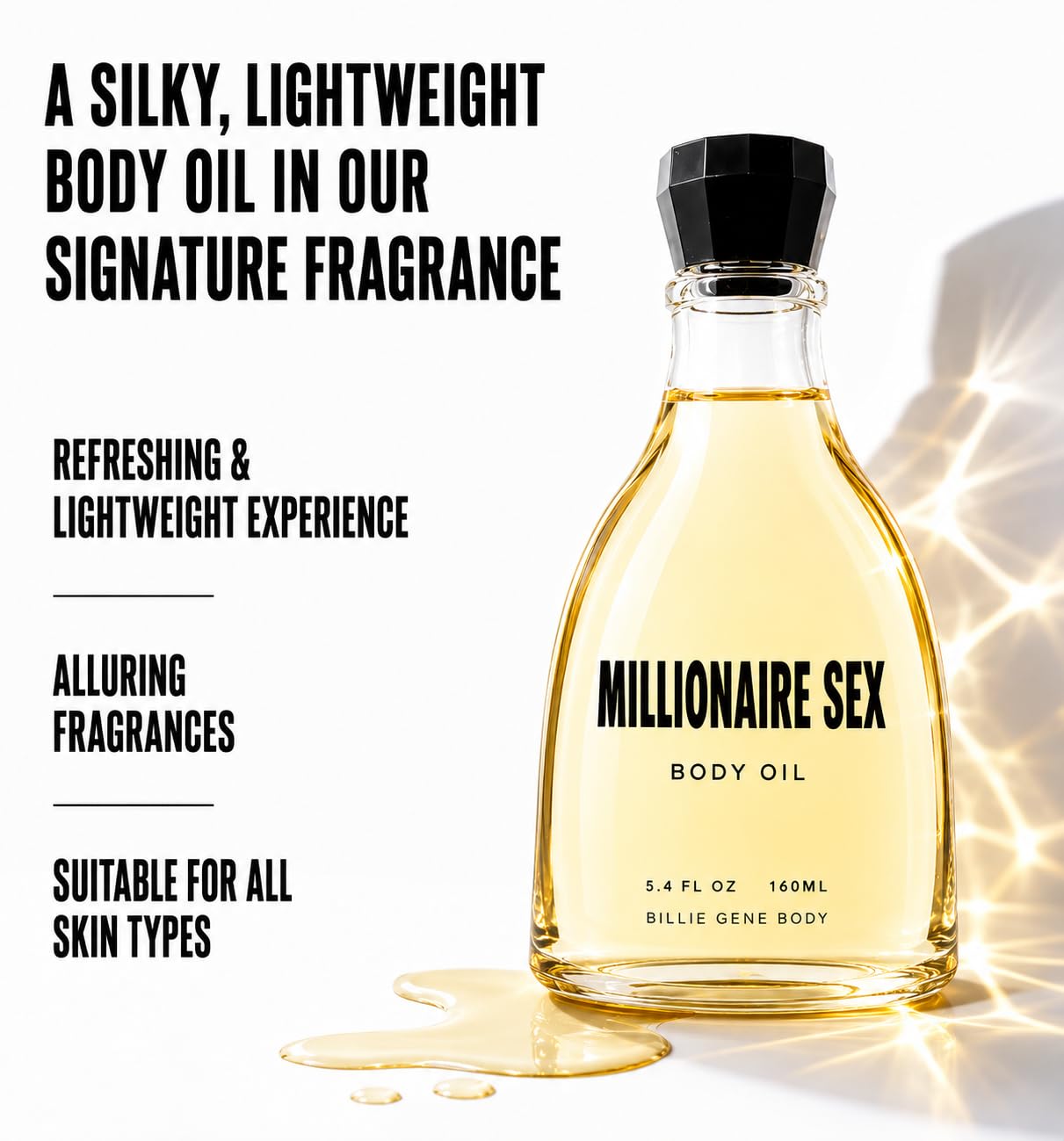 Billie Gene Body oil pouring texture demonstrating lightweight absorption and glow benefit