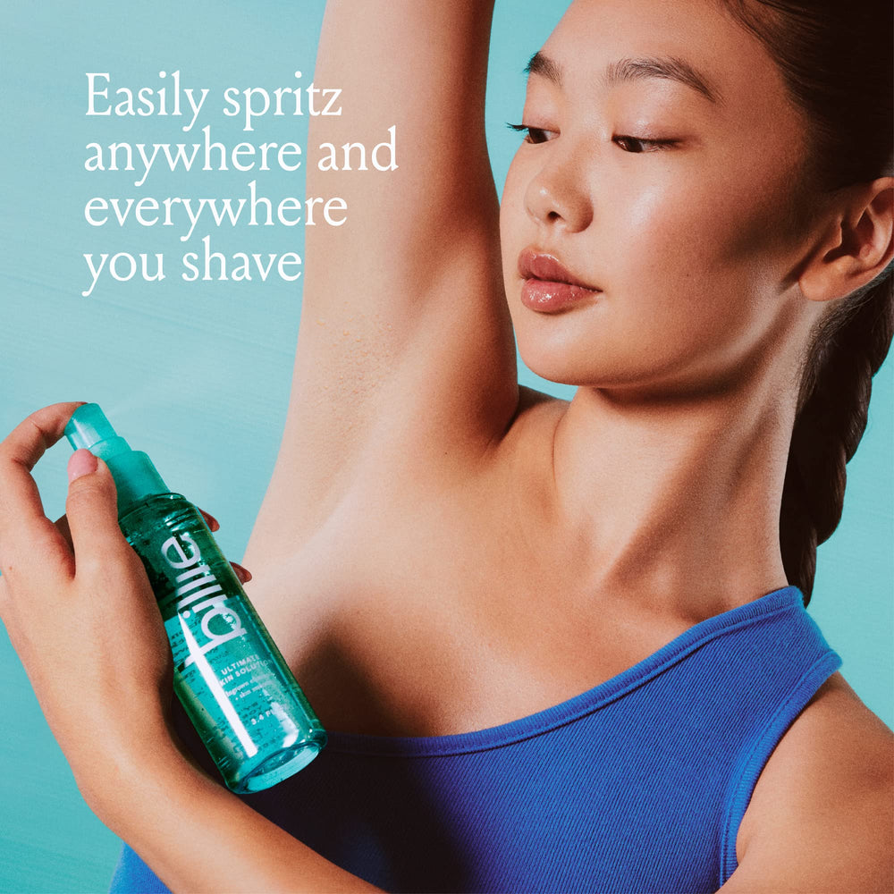 Billie bottle held in hand showing 3.4 fl oz scale for travel-friendly size
