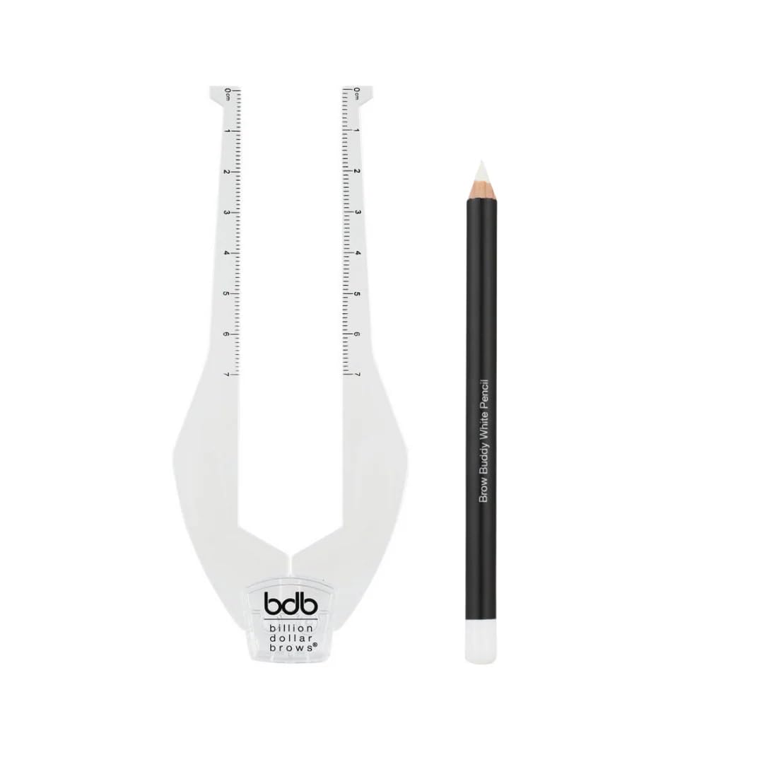 billion dollar brows front view of Brow Buddy kit showing tool and pencil for precise shaping