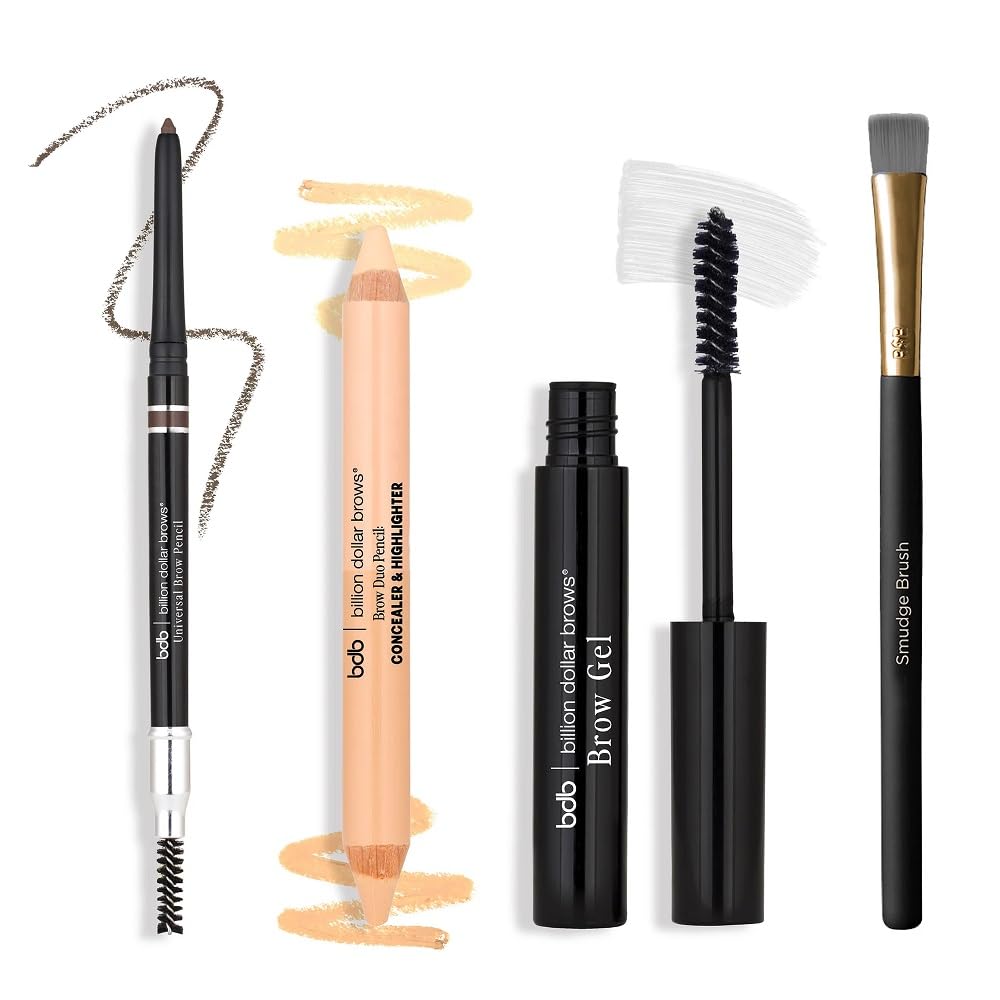 billion dollar brows kit front packaging shows compact four-piece starter set, perfect travel kit