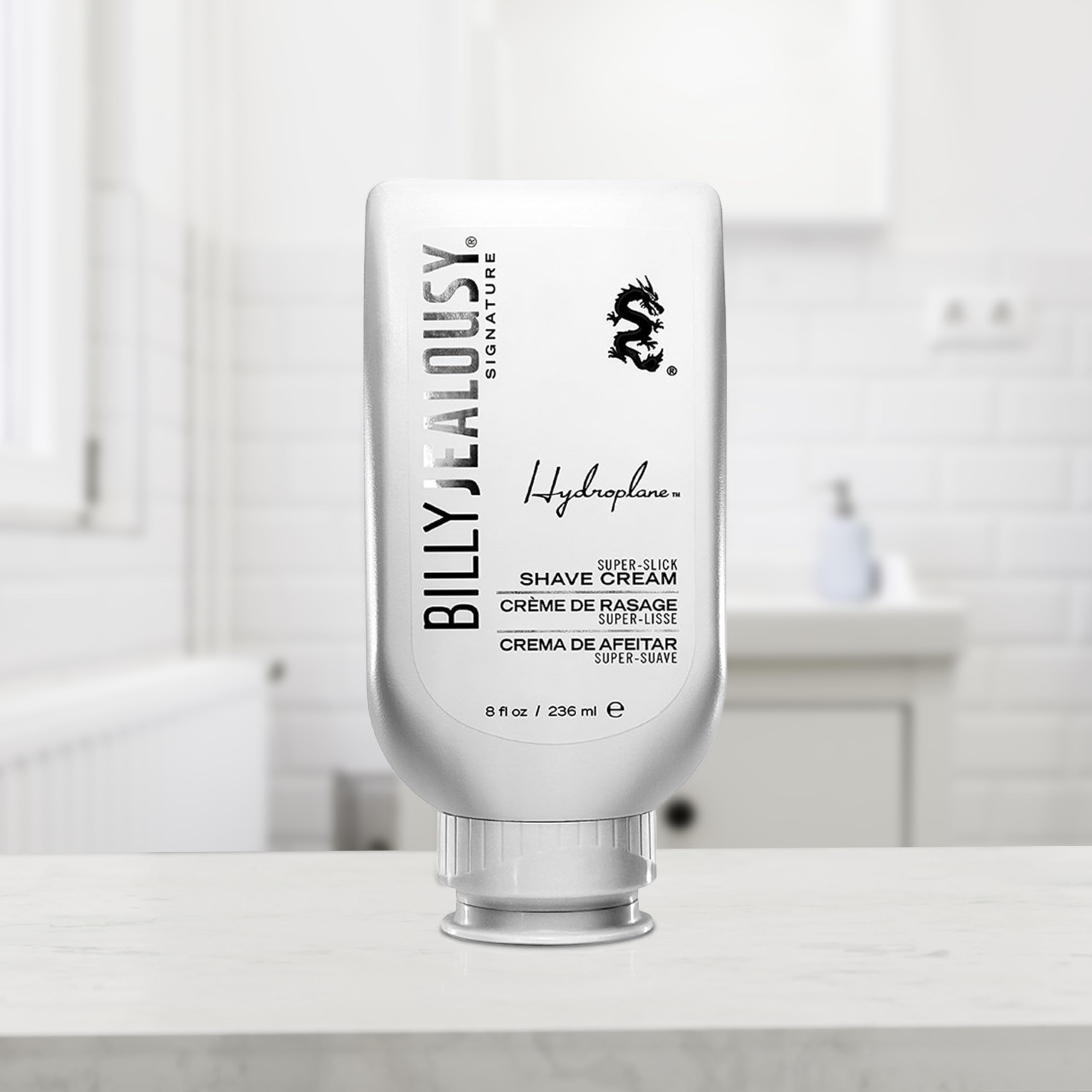 Billy Jealousy tube on bathroom counter lifestyle shot for daily routine