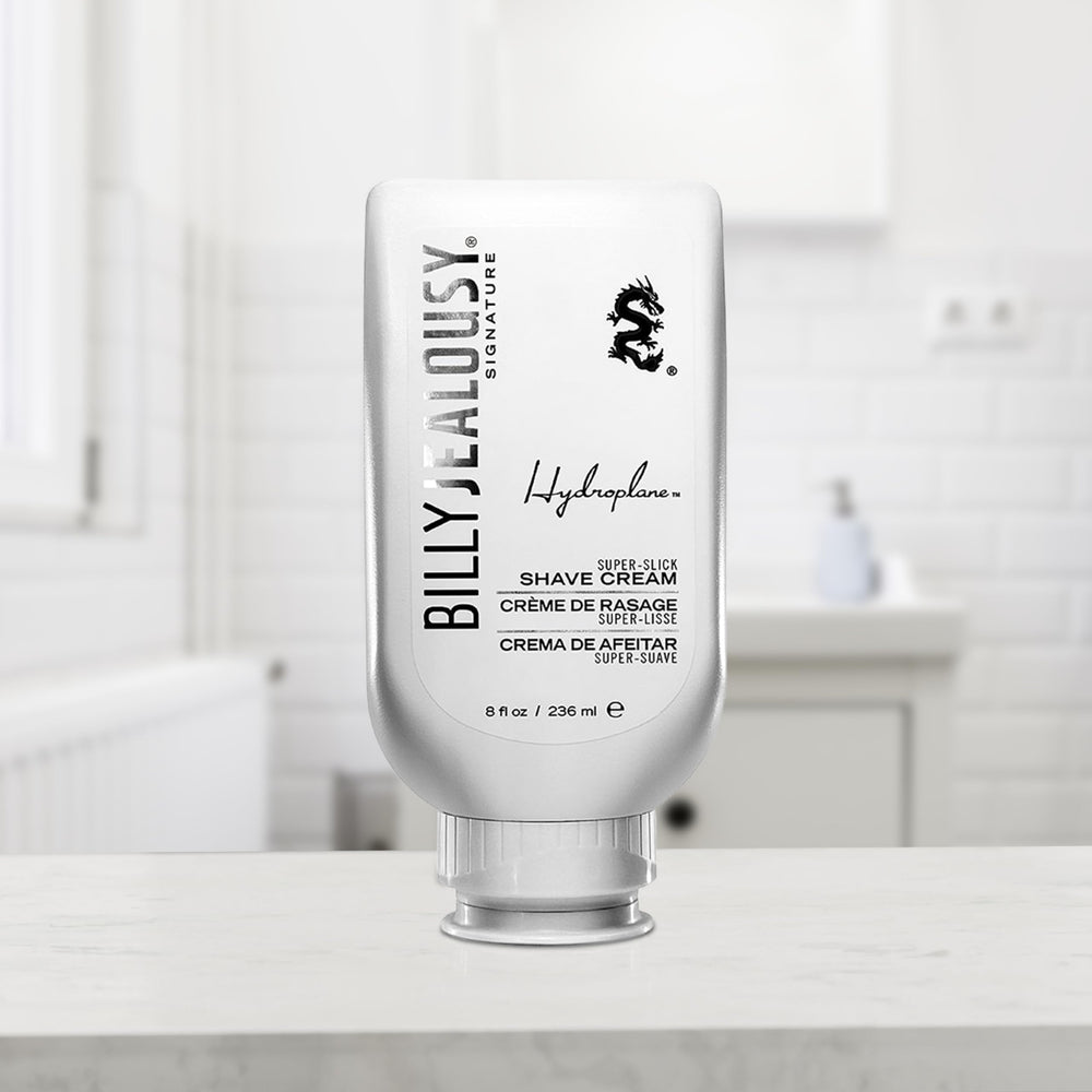 Billy Jealousy tube on bathroom counter lifestyle shot for daily routine