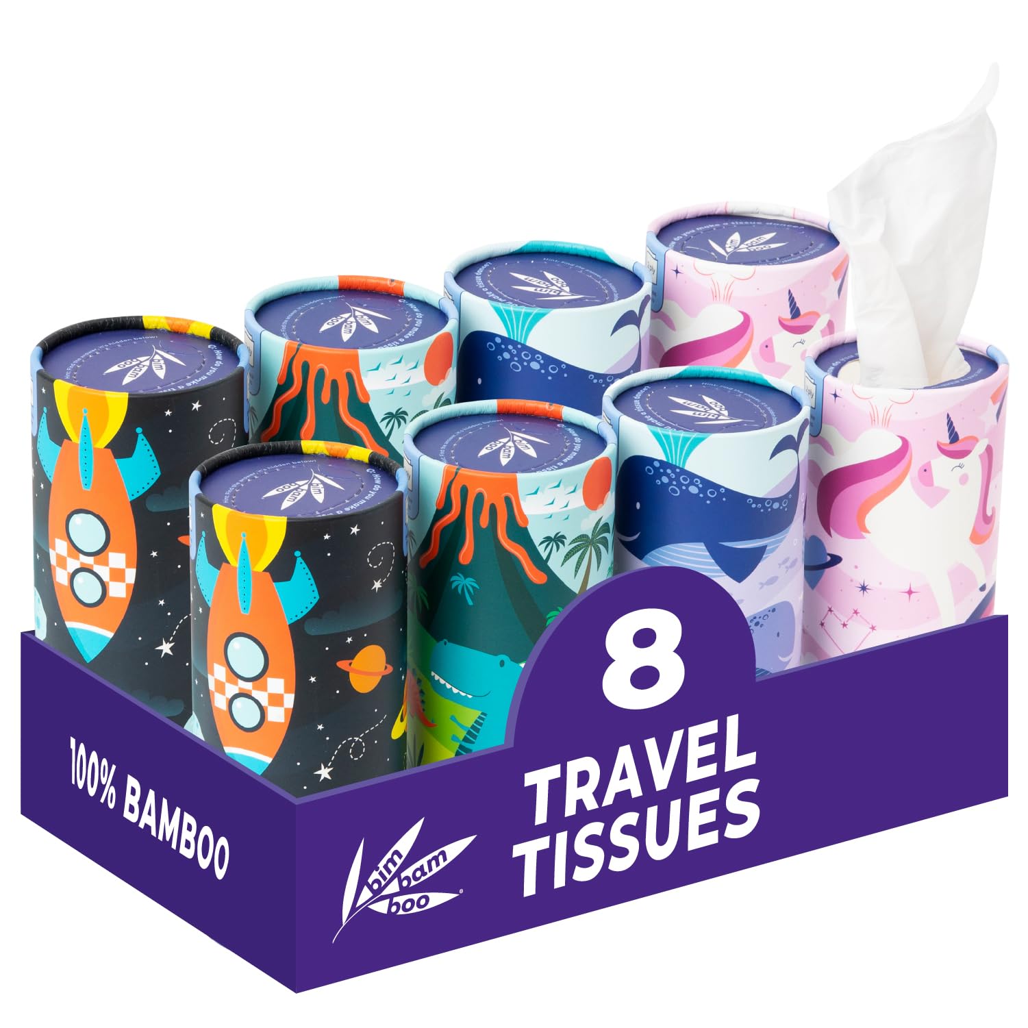 Bim Bam Boo front packaging showing eight bamboo tissue canisters, portable convenience