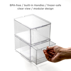 BINO drawers stacked in vanity setting saving space and keeping items visible