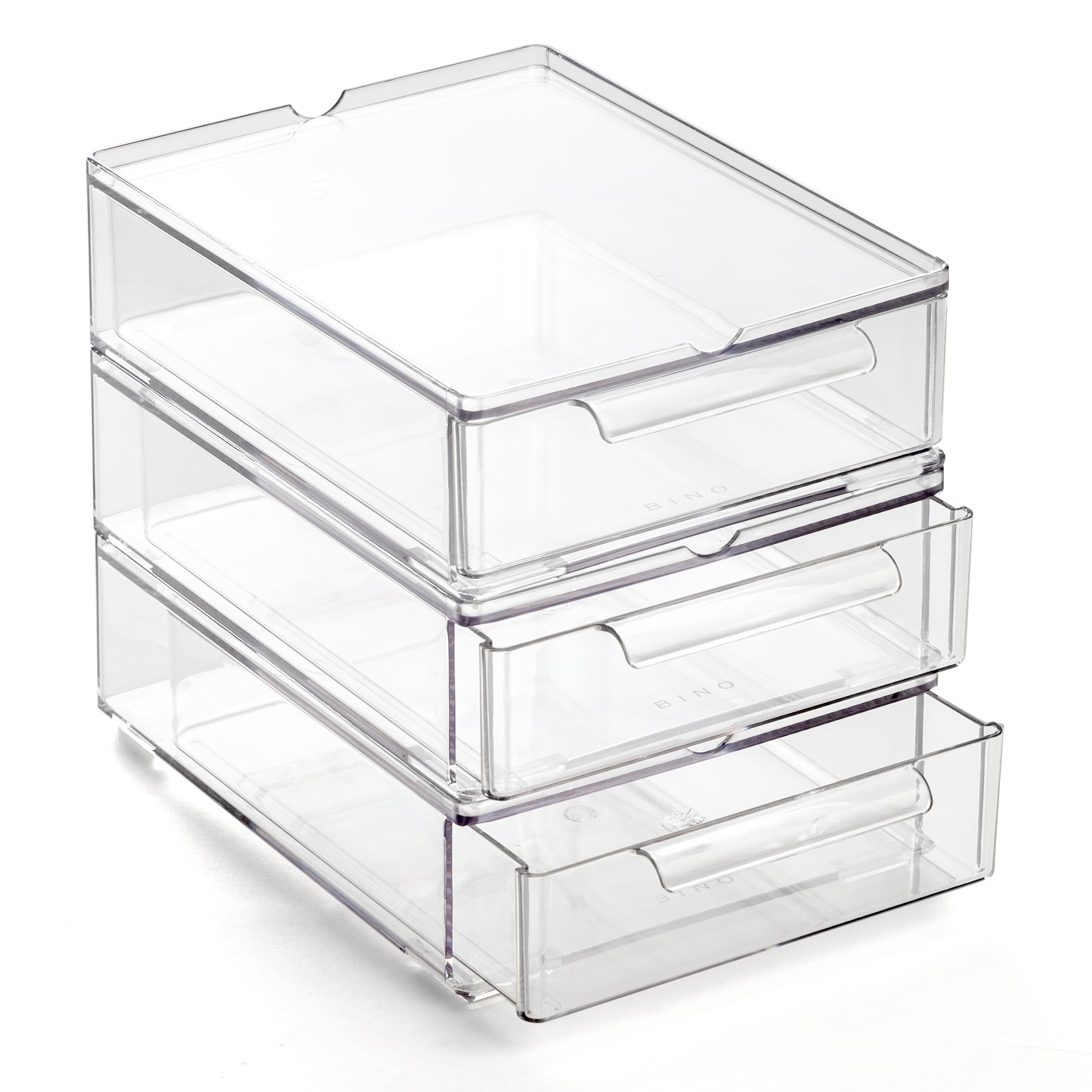 BINO clear drawers front view showing organized storage and easy identification