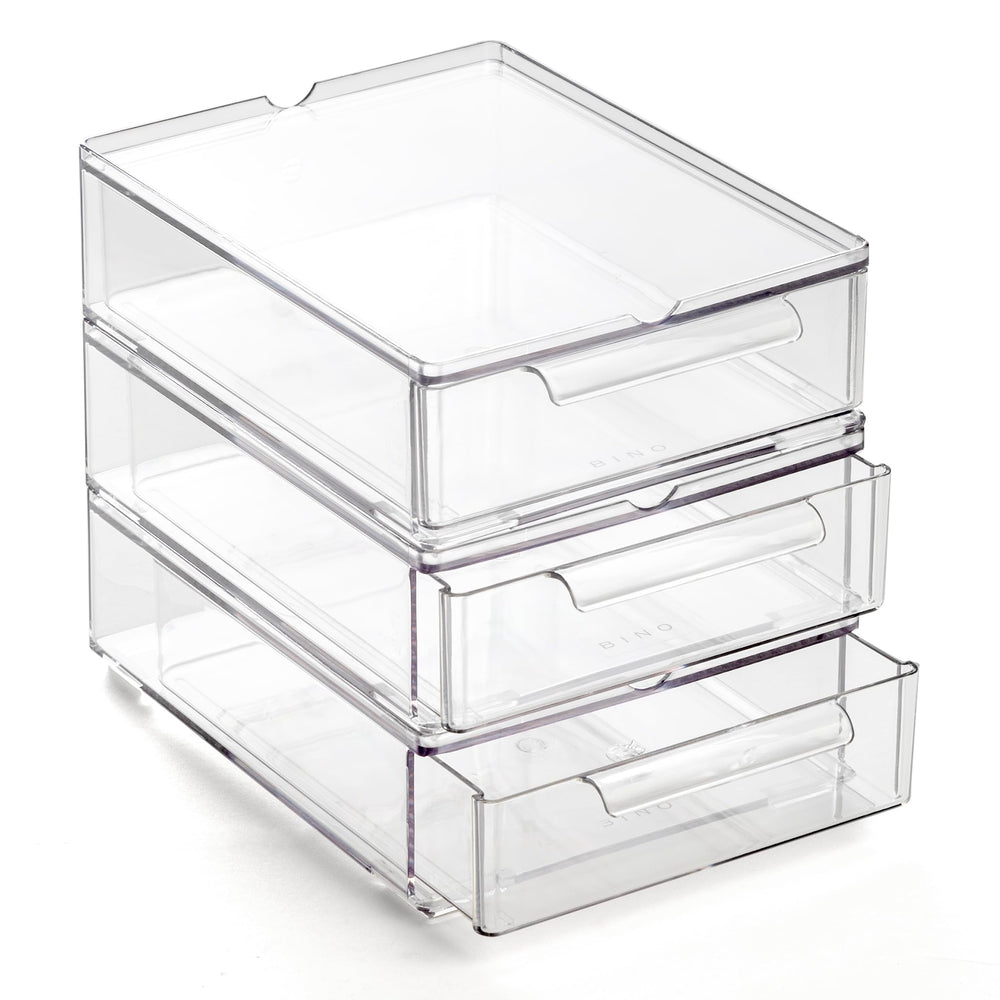 BINO clear drawers front view showing organized storage and easy identification