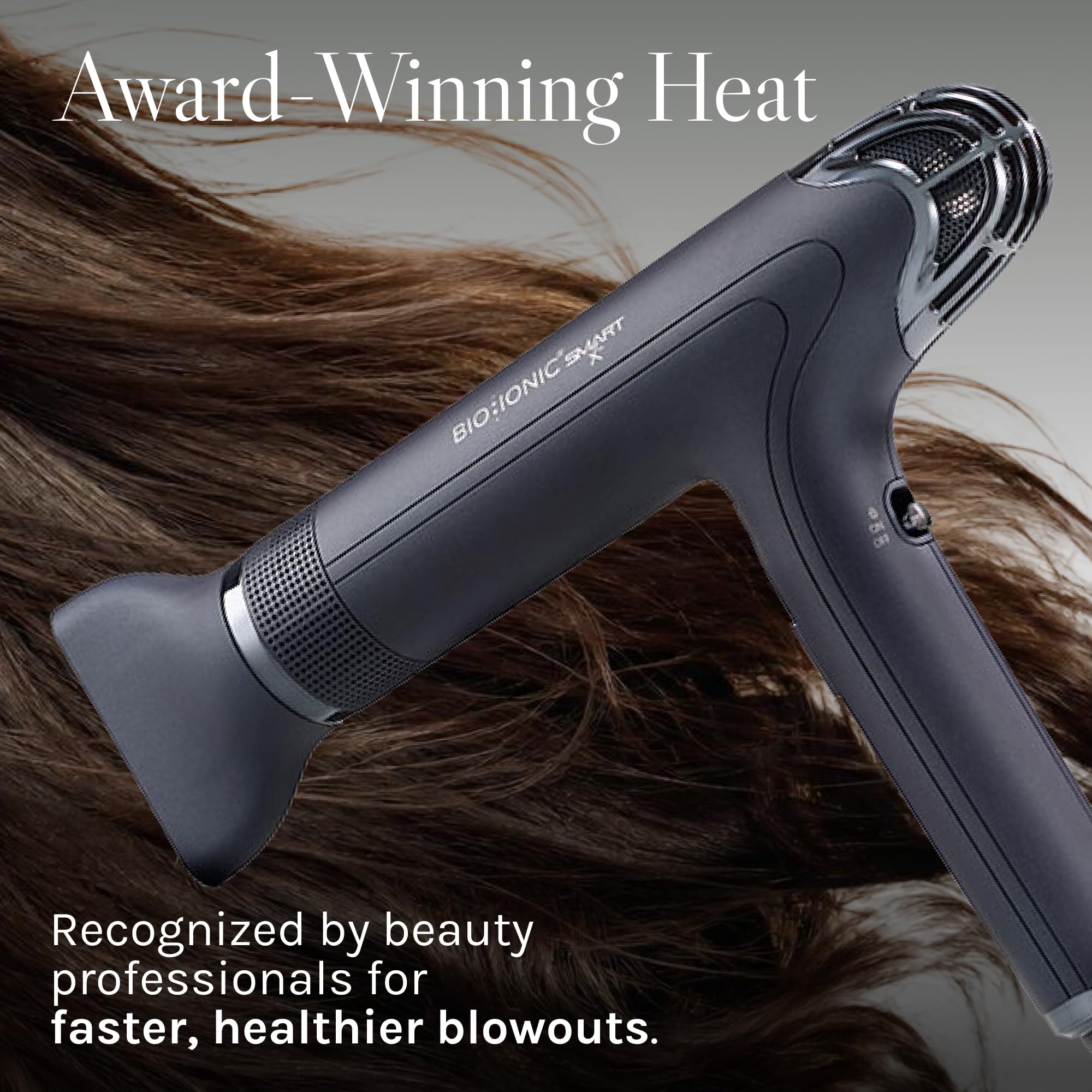 BIO IONIC dryer held in hand to show compact weight and travel-friendly size