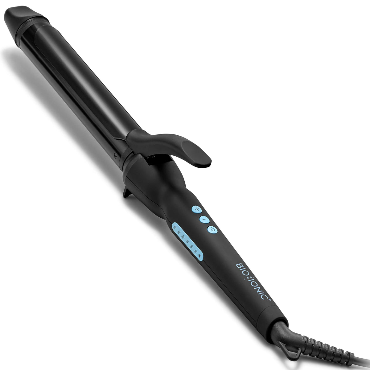 Bio Ionic front view showing long barrel and ergonomic design for easier styling