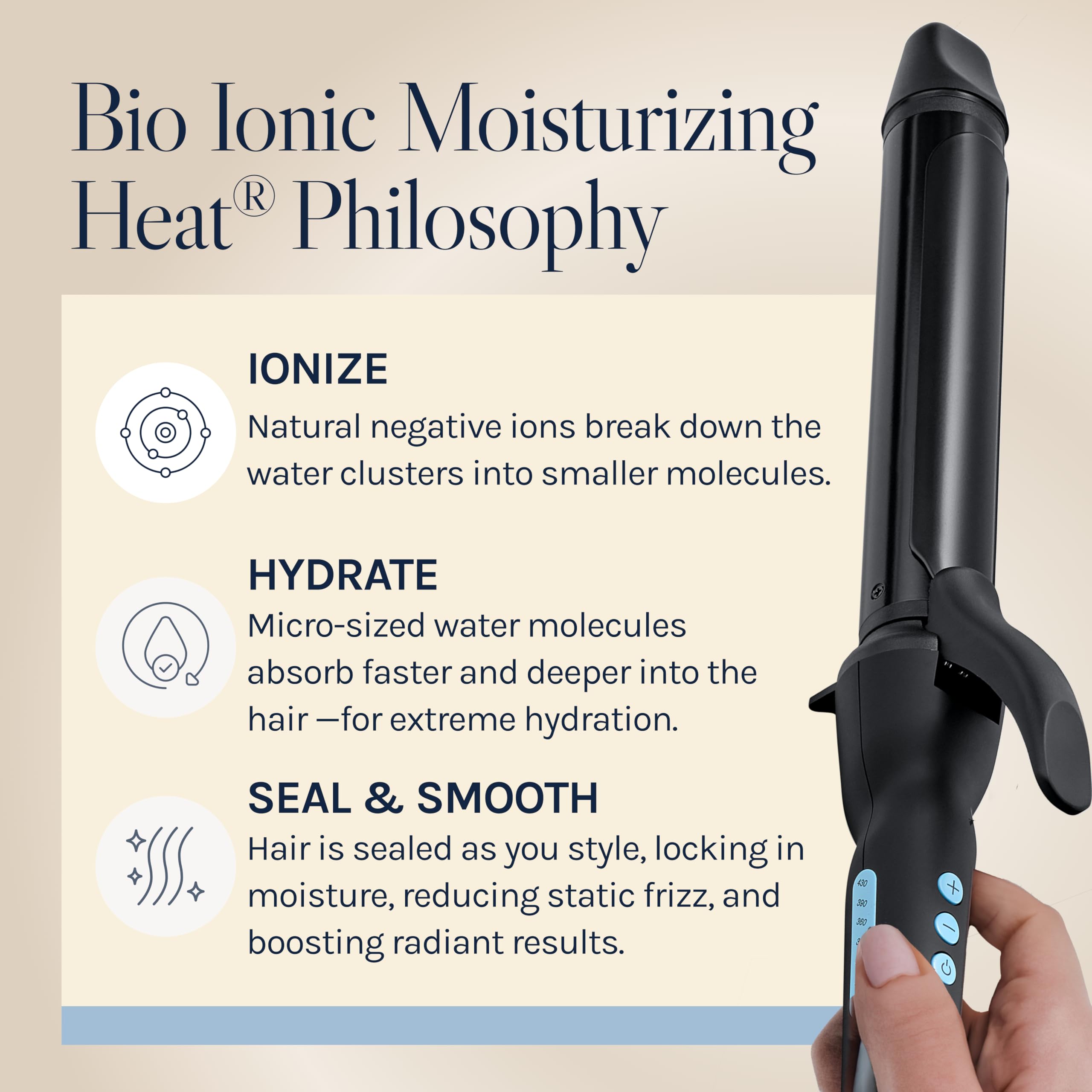 Bio Ionic size comparison showing two-inch longer barrel reaching back sections