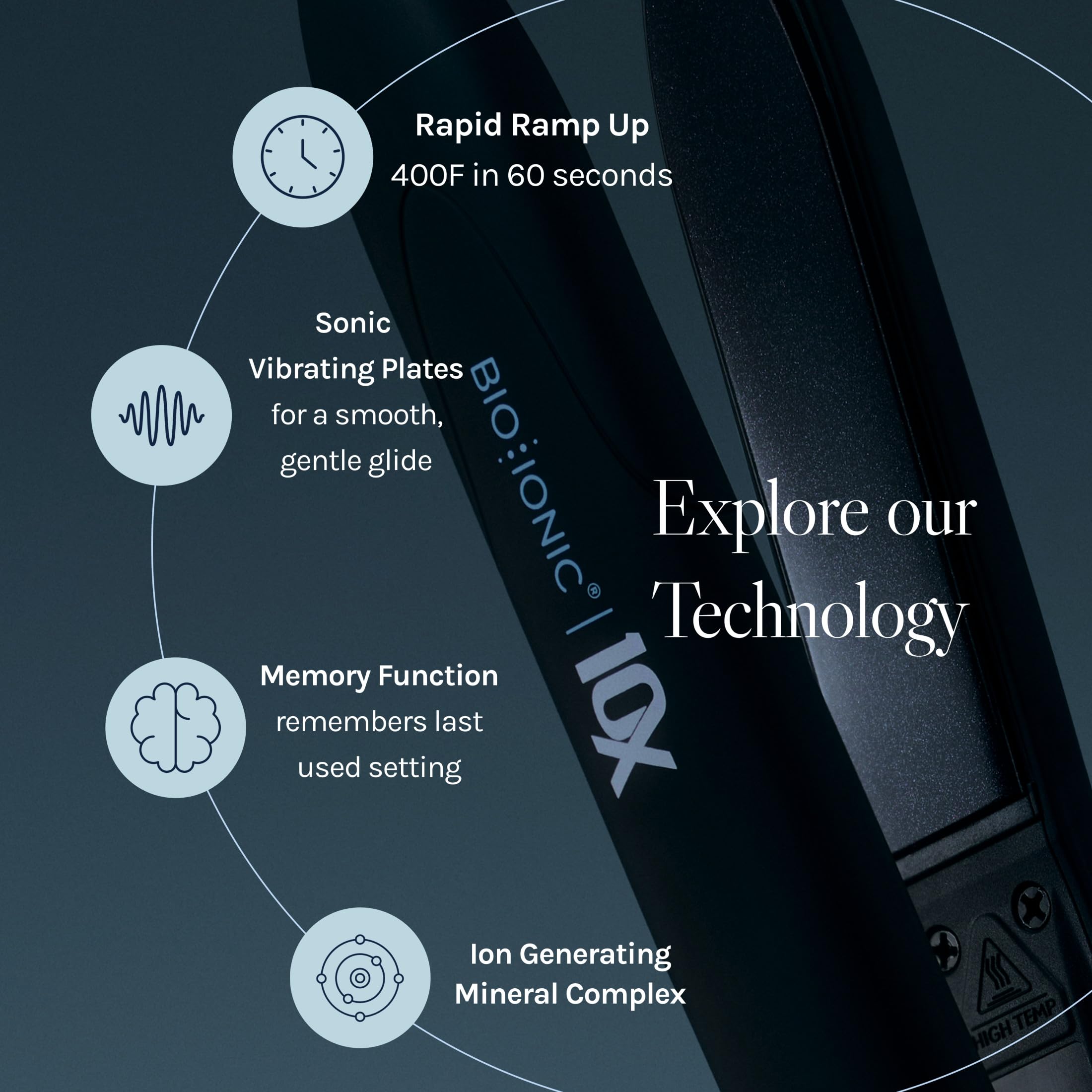 Bio Ionic sonic plates detail highlighting even heat for shinier hair