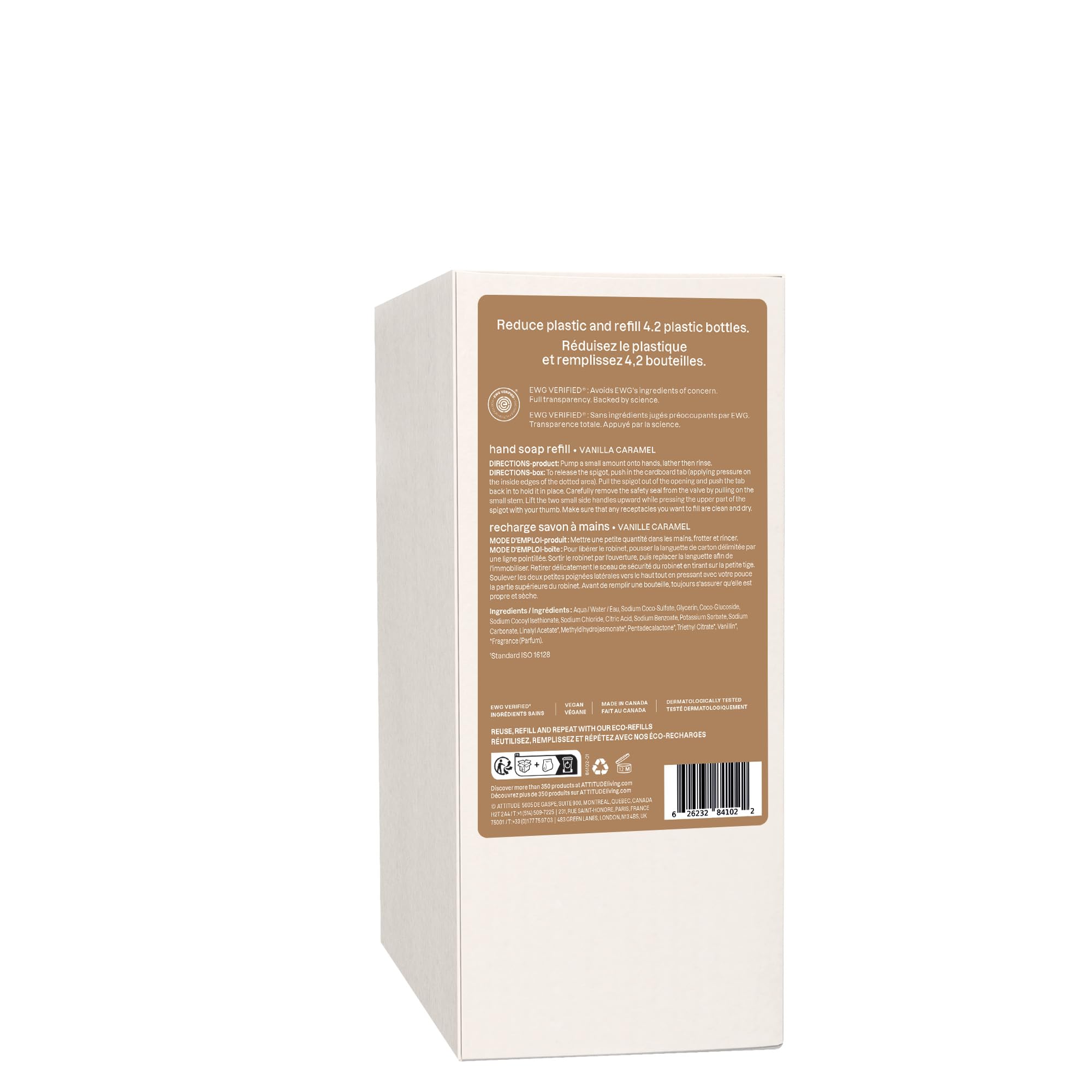 BIO SPECTRA ATTITUDE soap bottle on bathroom counter with decor, suggesting cozy vanilla-caramel scent