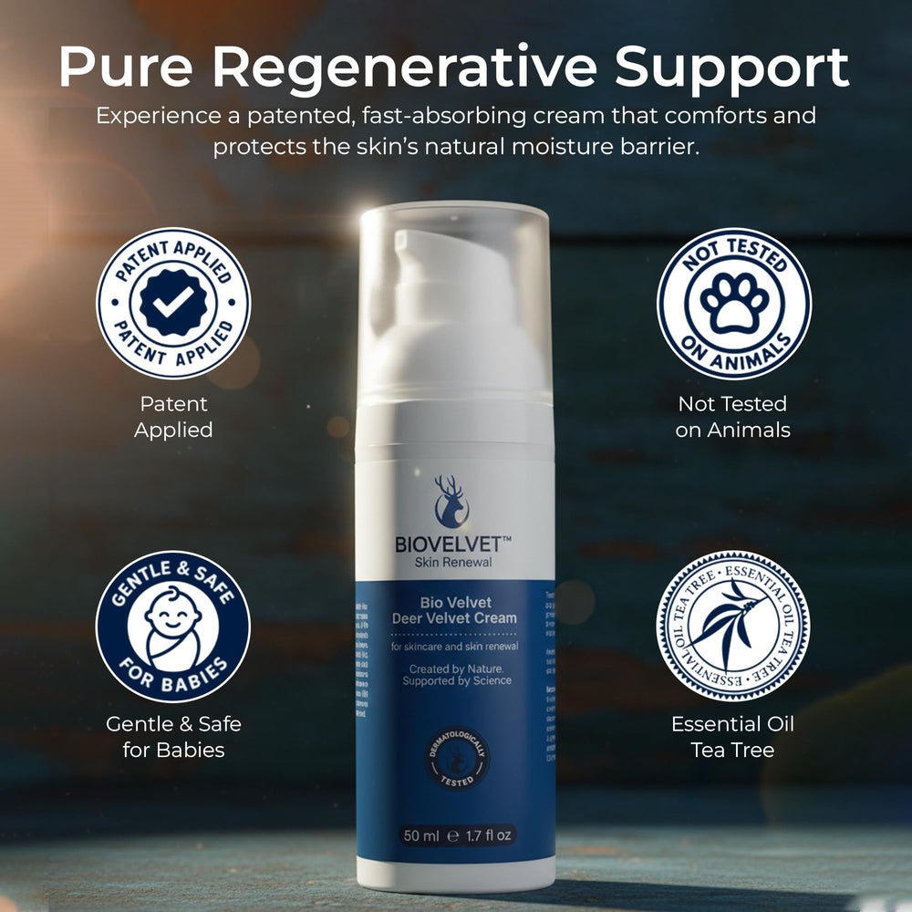 Bio Velvet ingredients label showing deer antler, aloe and Dead Sea minerals benefits