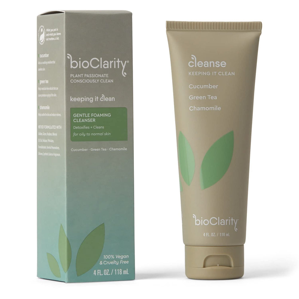 BioClarity in-hand use during morning routine demonstrating gentle daily cleansing benefit