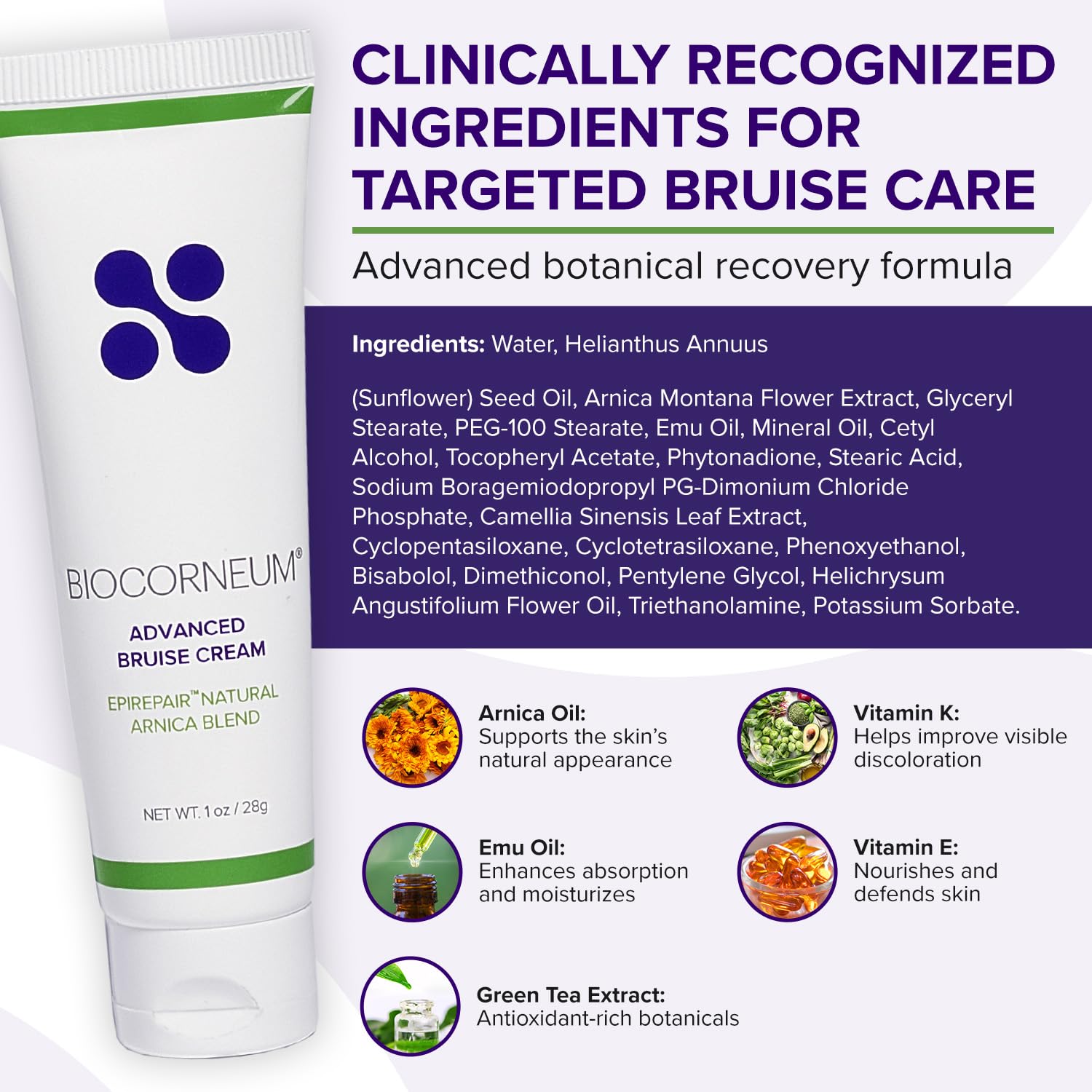 BIOCORNEUM close-up label listing Arnica Vitamin K Vitamin E benefit ingredient clarity