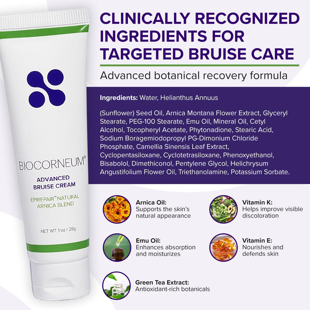 BIOCORNEUM close-up label listing Arnica Vitamin K Vitamin E benefit ingredient clarity