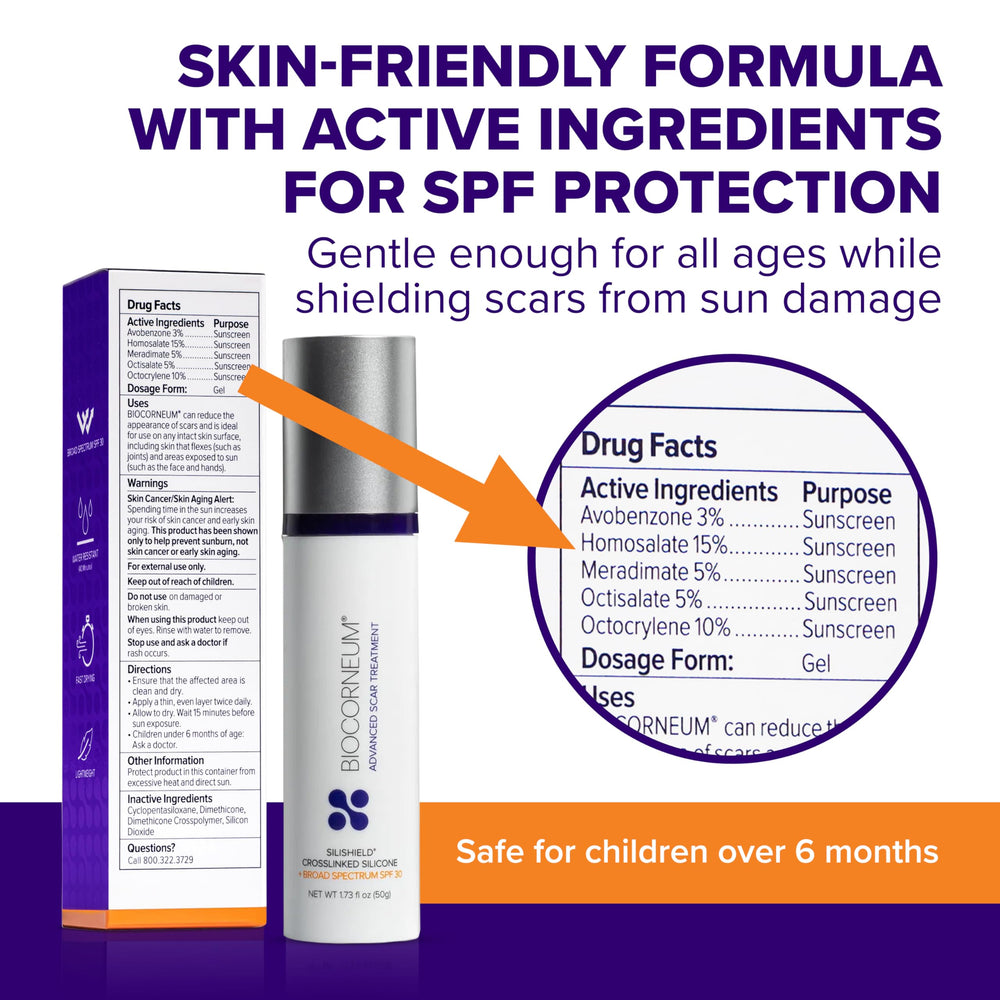 BIOCORNEUM label close-up highlighting SPF 30 sun protection benefit