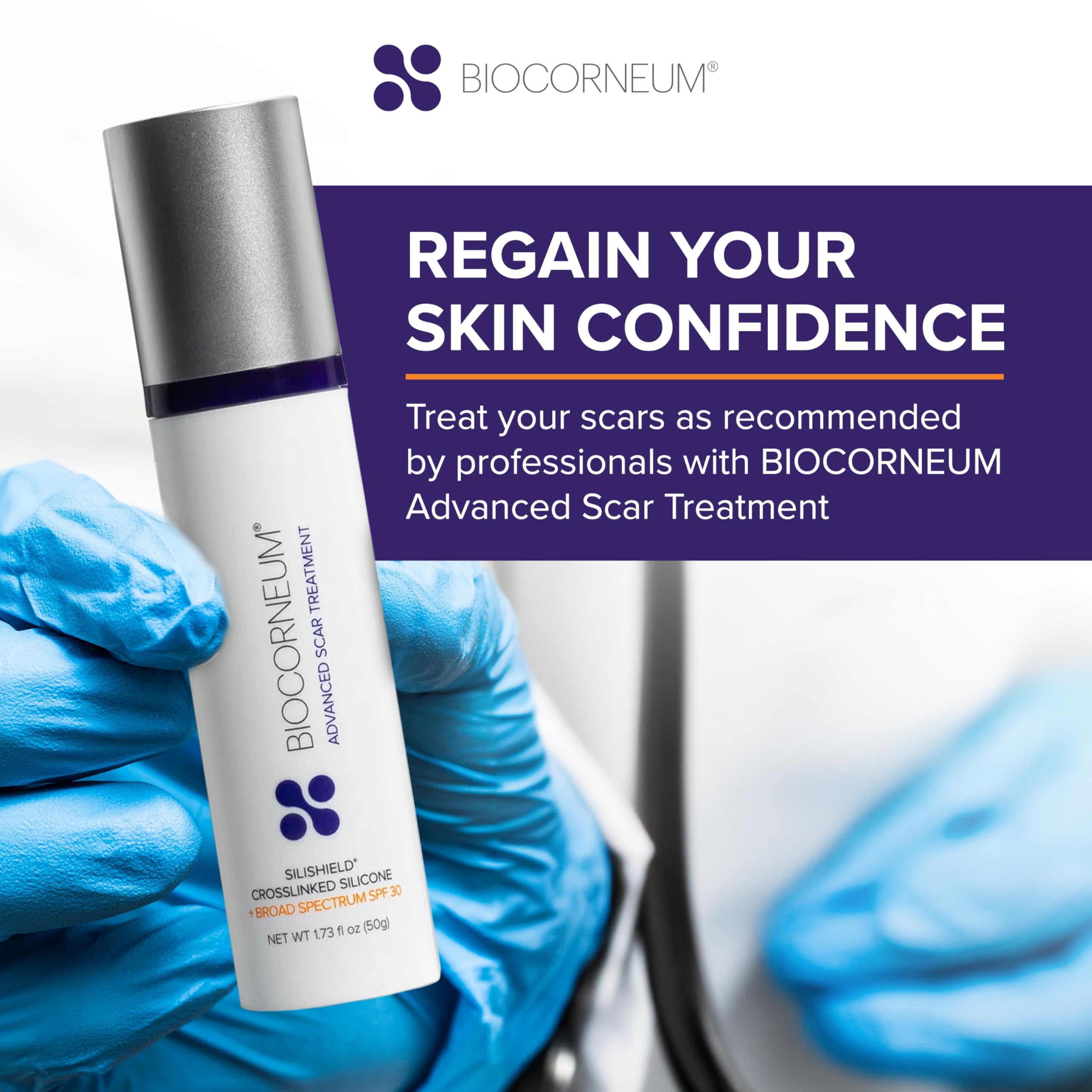 BIOCORNEUM on bathroom counter lifestyle shot showing everyday use