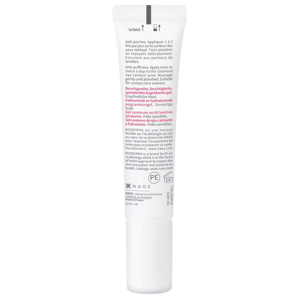Bioderma Sensibio eye gel in hand being dotted around eye, gentle application soothes skin
