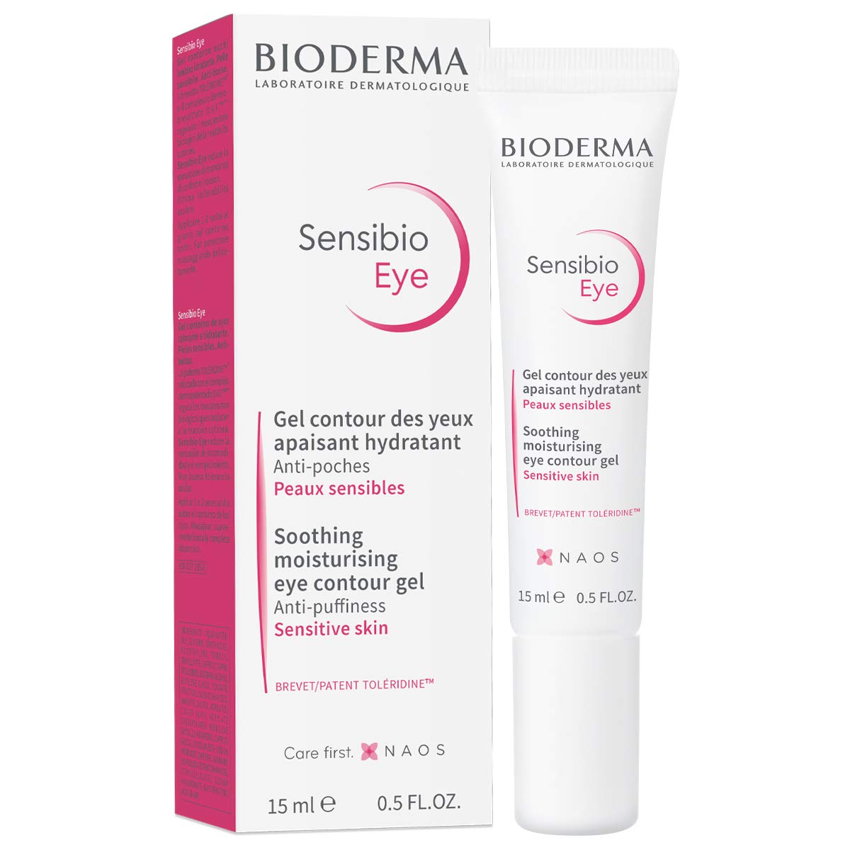 Bioderma Sensibio eye gel front packaging showing compact tube and label, soothes instantly