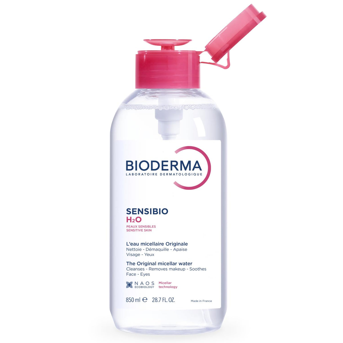Bioderma bottle front view showing product and gentle cleansing benefit