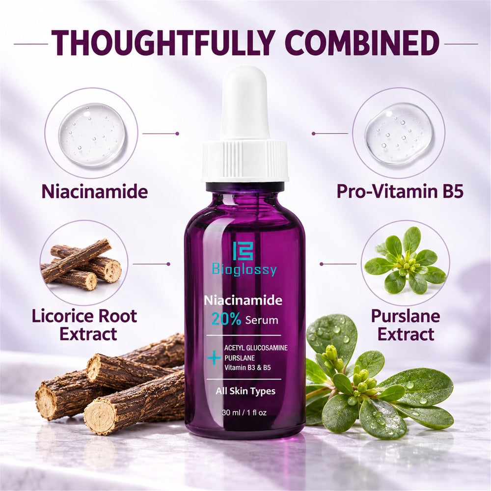 Bioglossy bottle on bathroom shelf in routine setting showing daily-use benefit