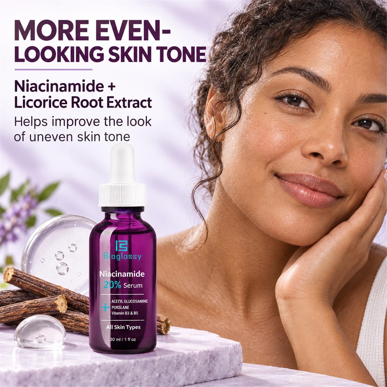 Bioglossy bottle beside common objects to show size and travel-friendly benefit
