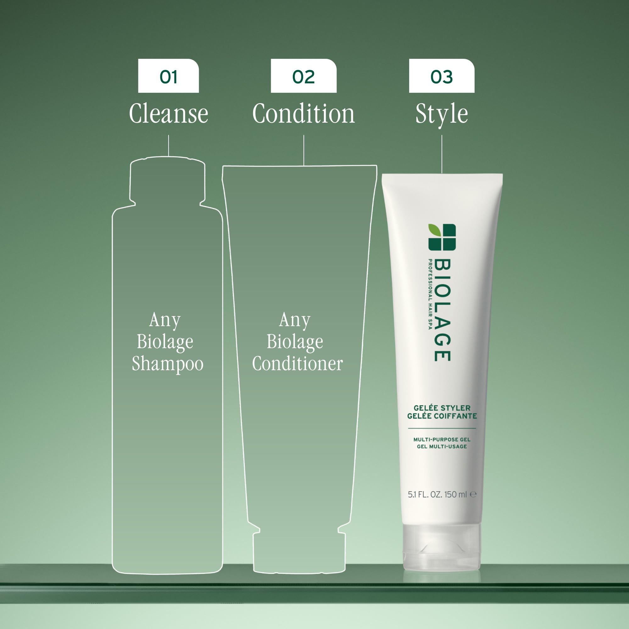 5 oz Biolage Gelée in hand to show product scale and travel-friendly convenience benefit