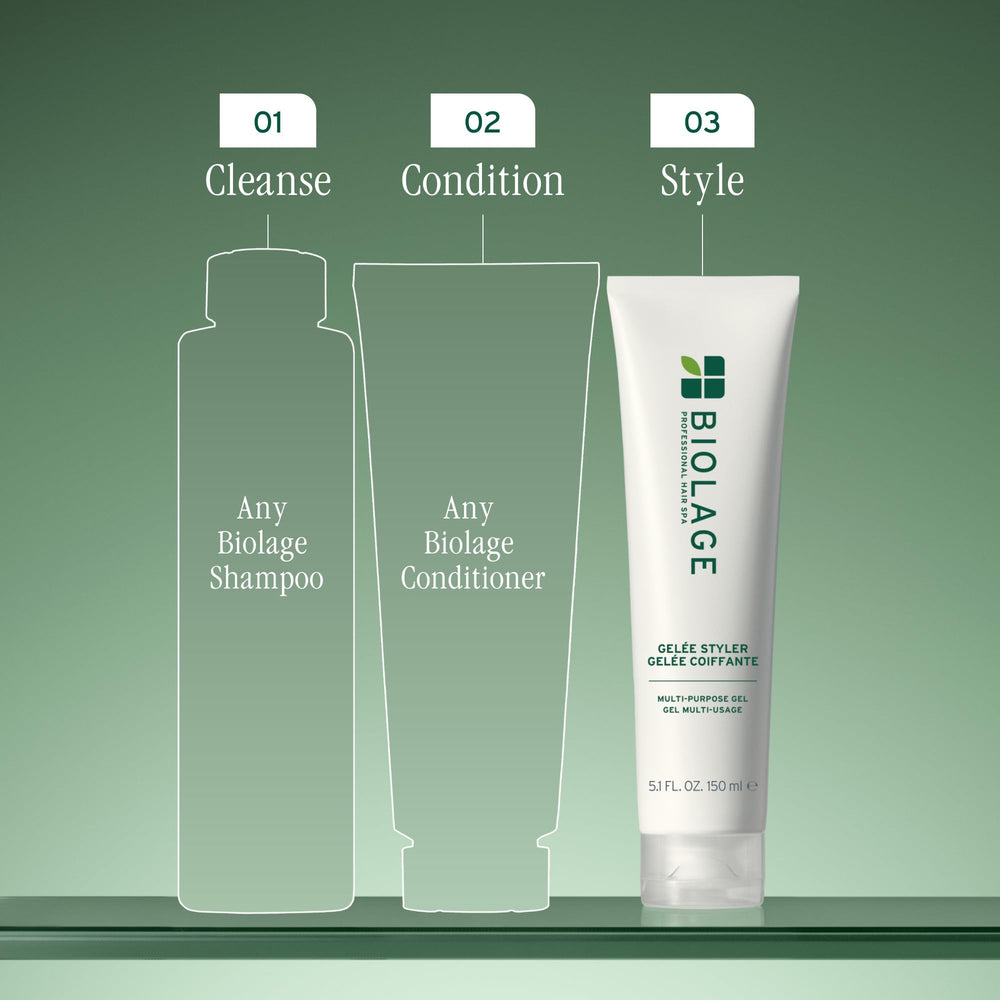 5 oz Biolage Gelée in hand to show product scale and travel-friendly convenience benefit