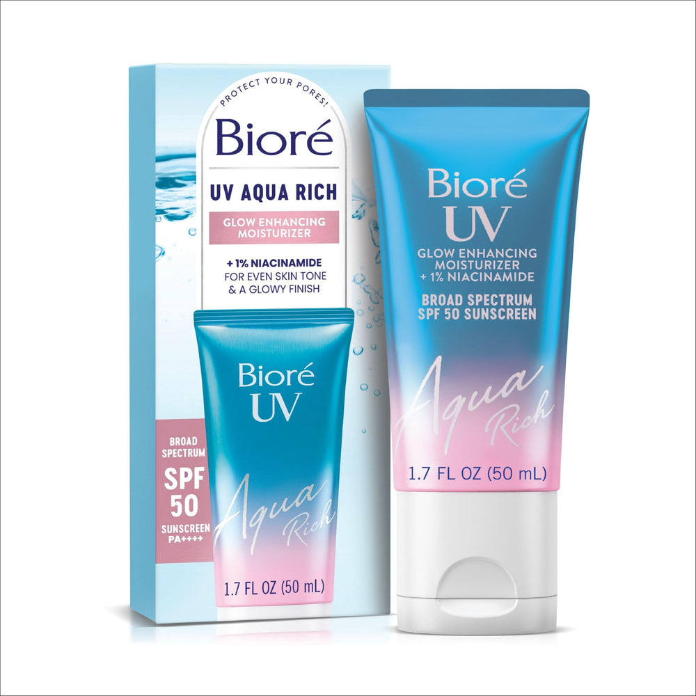 Bioré front tube showing SPF 50 protection and glow benefit