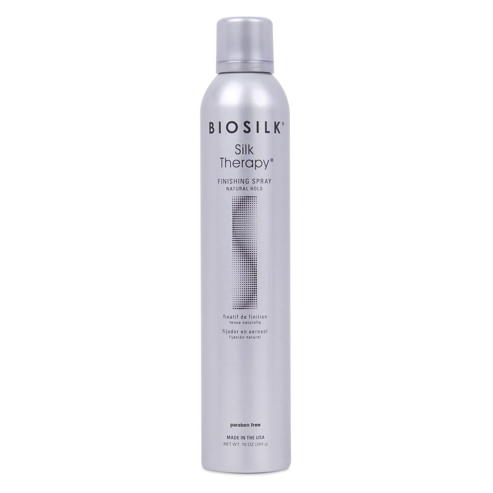 BioSilk finishing spray front packaging showing lightweight hold benefit