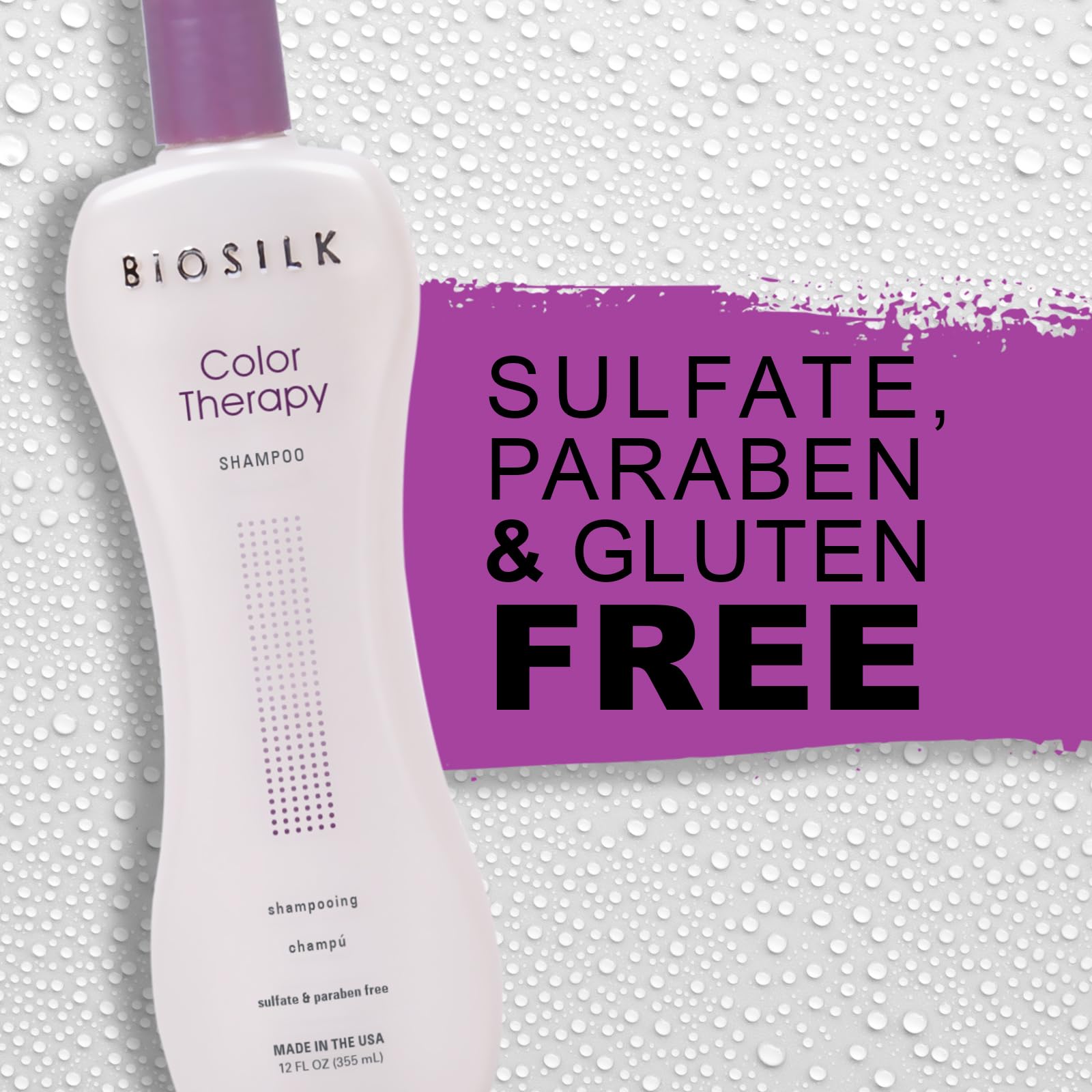 BioSilk shampoo on bathroom shelf with towel conveying salon-quality care benefit